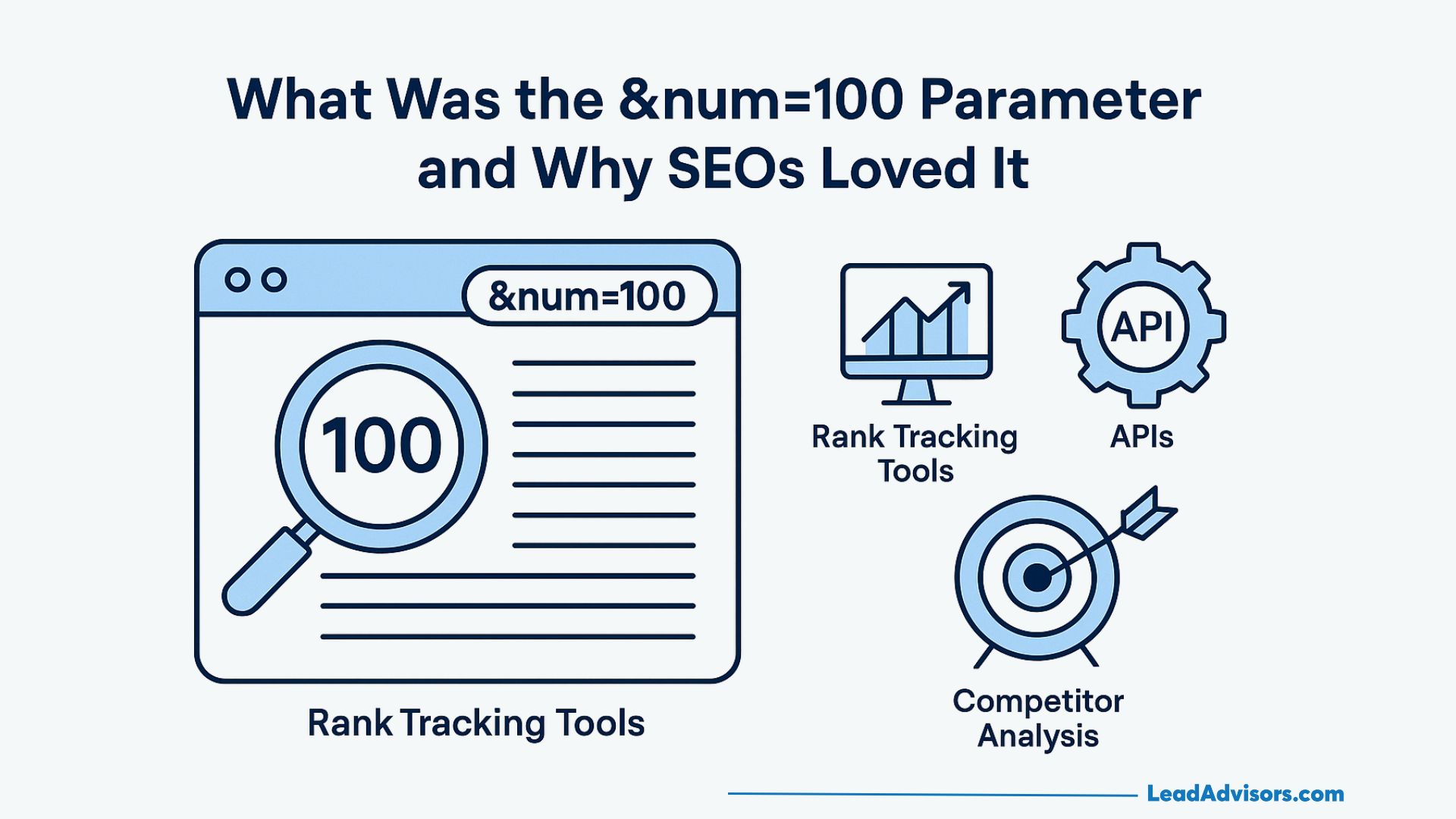 A graphic explains the &num=100 parameter for SEOs, showing a browser with &num=100 and a magnifying glass, plus icons for rank tracking tools, APIs, and competitor analysis. Text: What Was the &num=100 Parameter and Why SEOs Loved It.