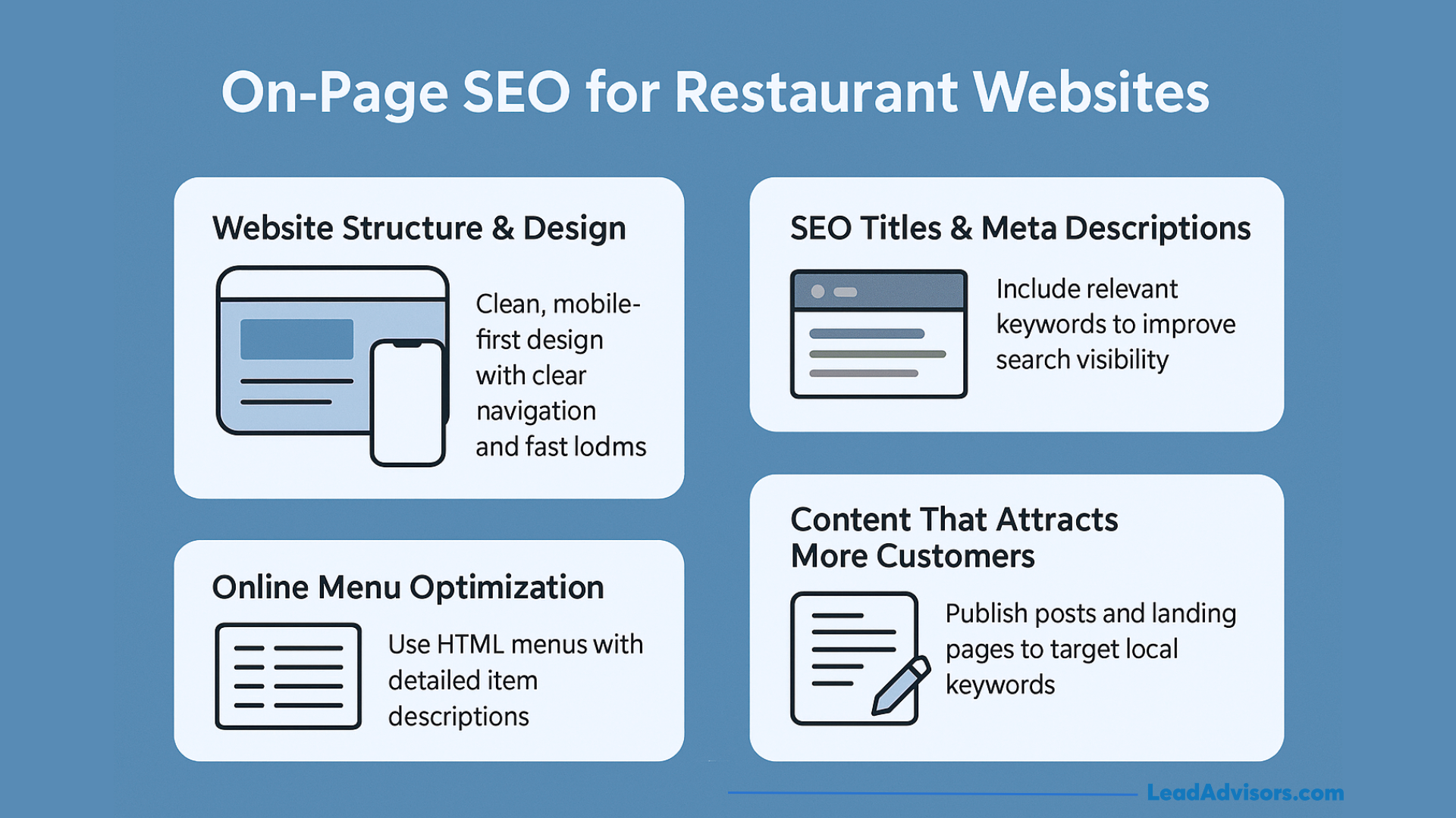 An infographic titled On-Page SEO for Restaurant Websites lists restaurant SEO tips: website structure and design, SEO titles and meta descriptions, online menu optimization, and content to attract more customers, each with brief descriptions and icons.