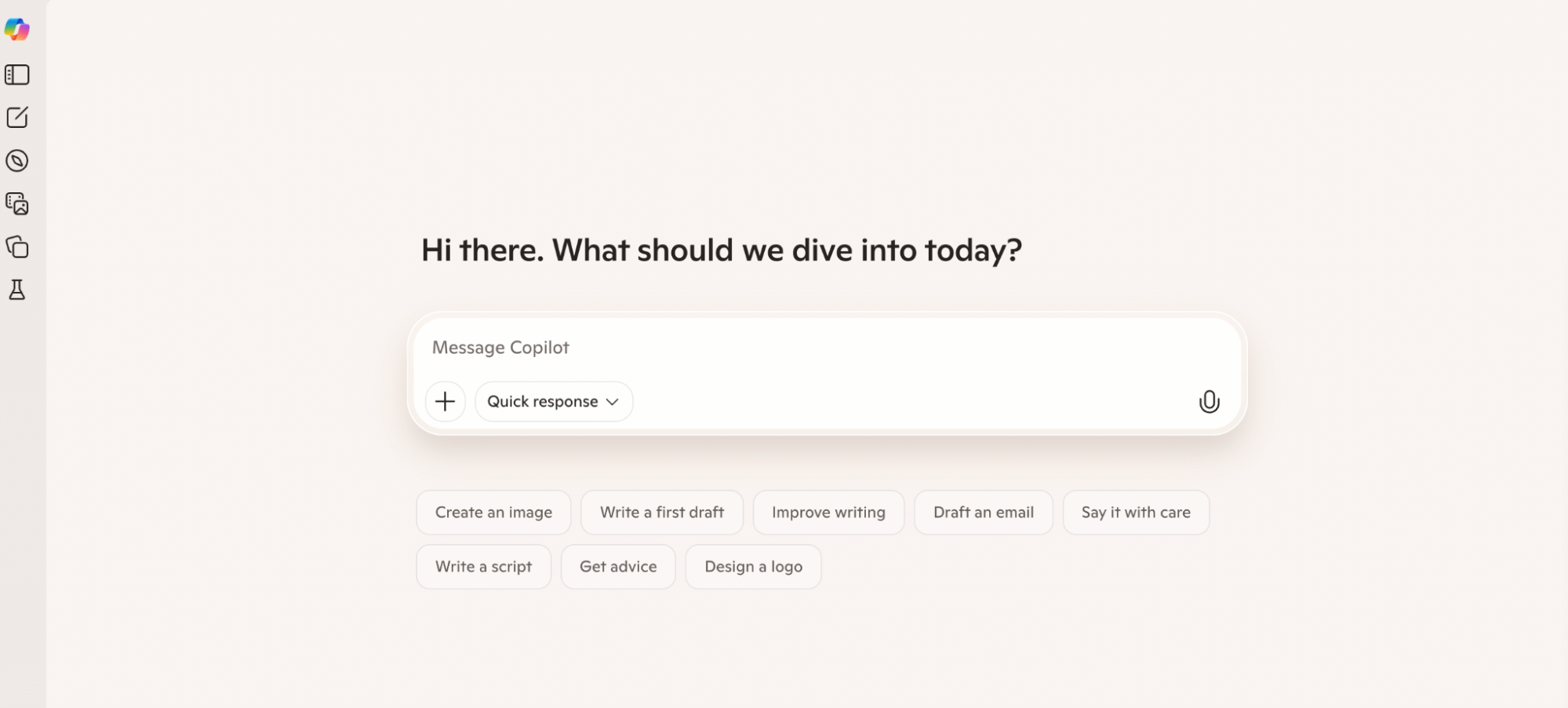 Screenshot of a user interface with a greeting, “Hi there. What should we dive into today?” and a search box labeled “Message Copilot.” Task suggestion buttons include creating images, writing drafts, or exploring topics like LLMO vs. GEO vs. AEO.