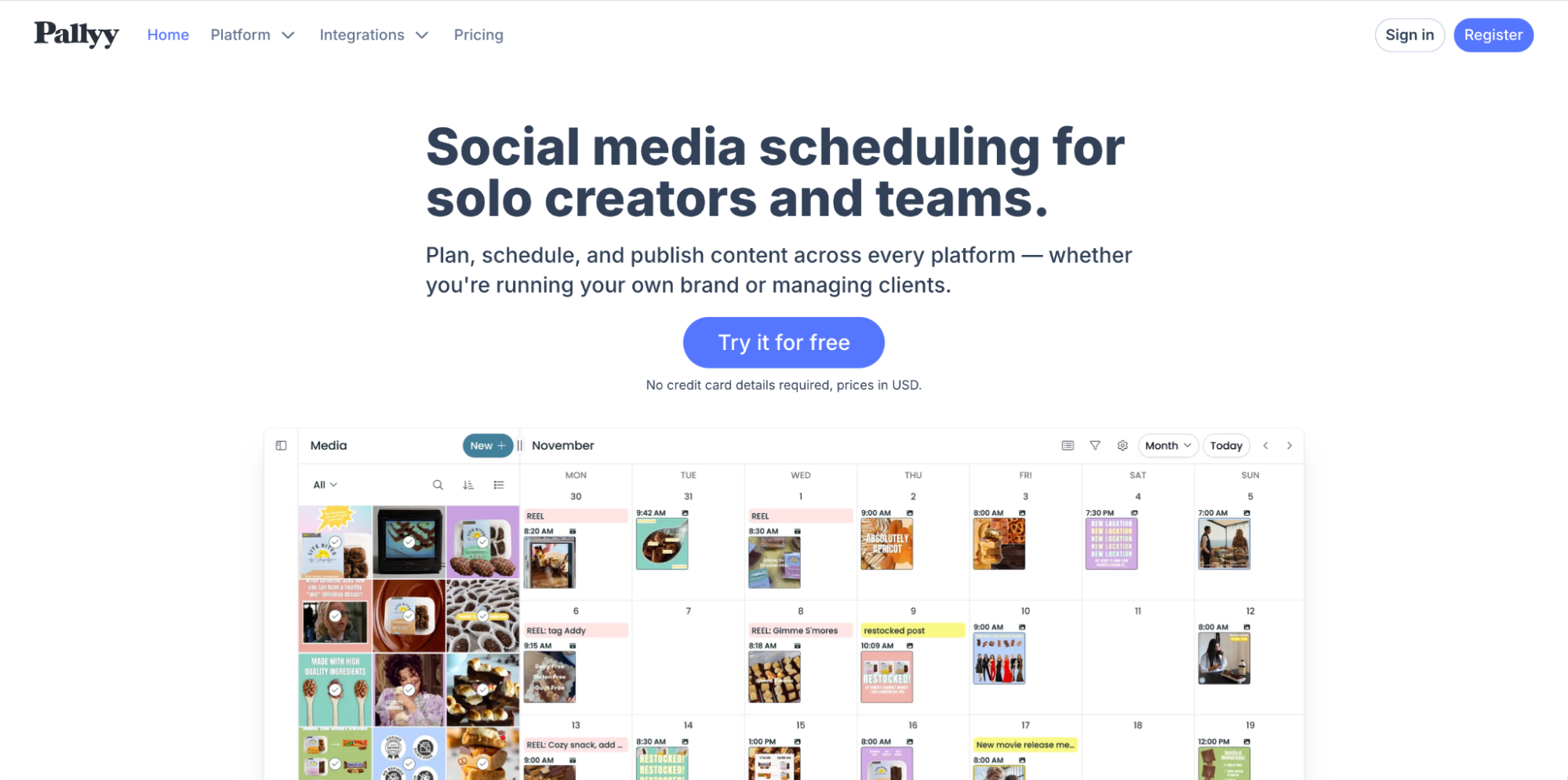 Screenshot of Pallyy’s homepage showing a headline about social media scheduling for solo creators and teams, a button to try it for free, and a digital content calendar—perfect for those seeking Linktree alternatives.