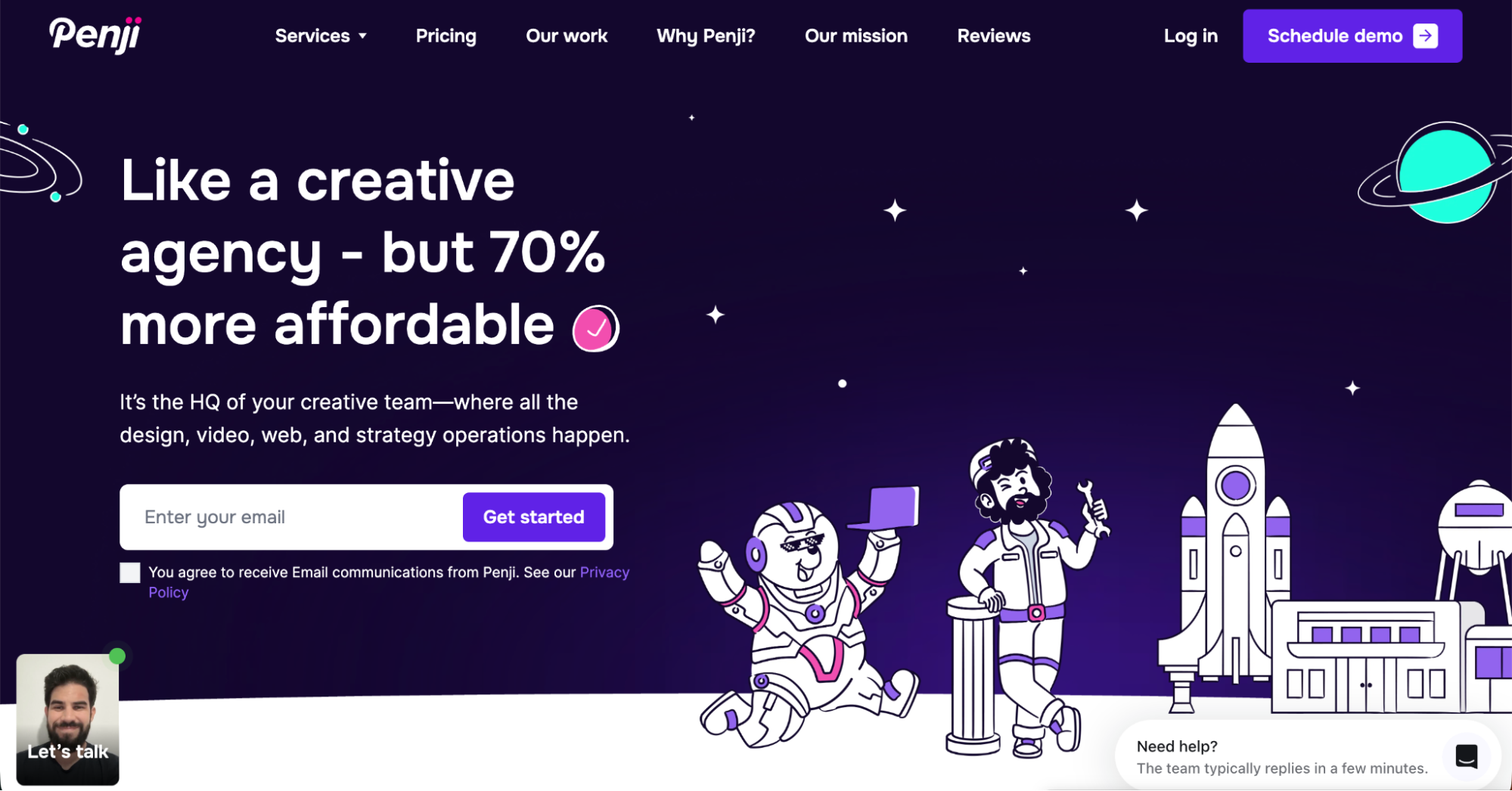 Penji website homepage features a dark purple space-themed background. Large text reads, Like a creative agency – but 70% more affordable. Cartoon astronauts celebrate, and navigation buttons appear at the top and center, making it a standout among Canva alternatives.