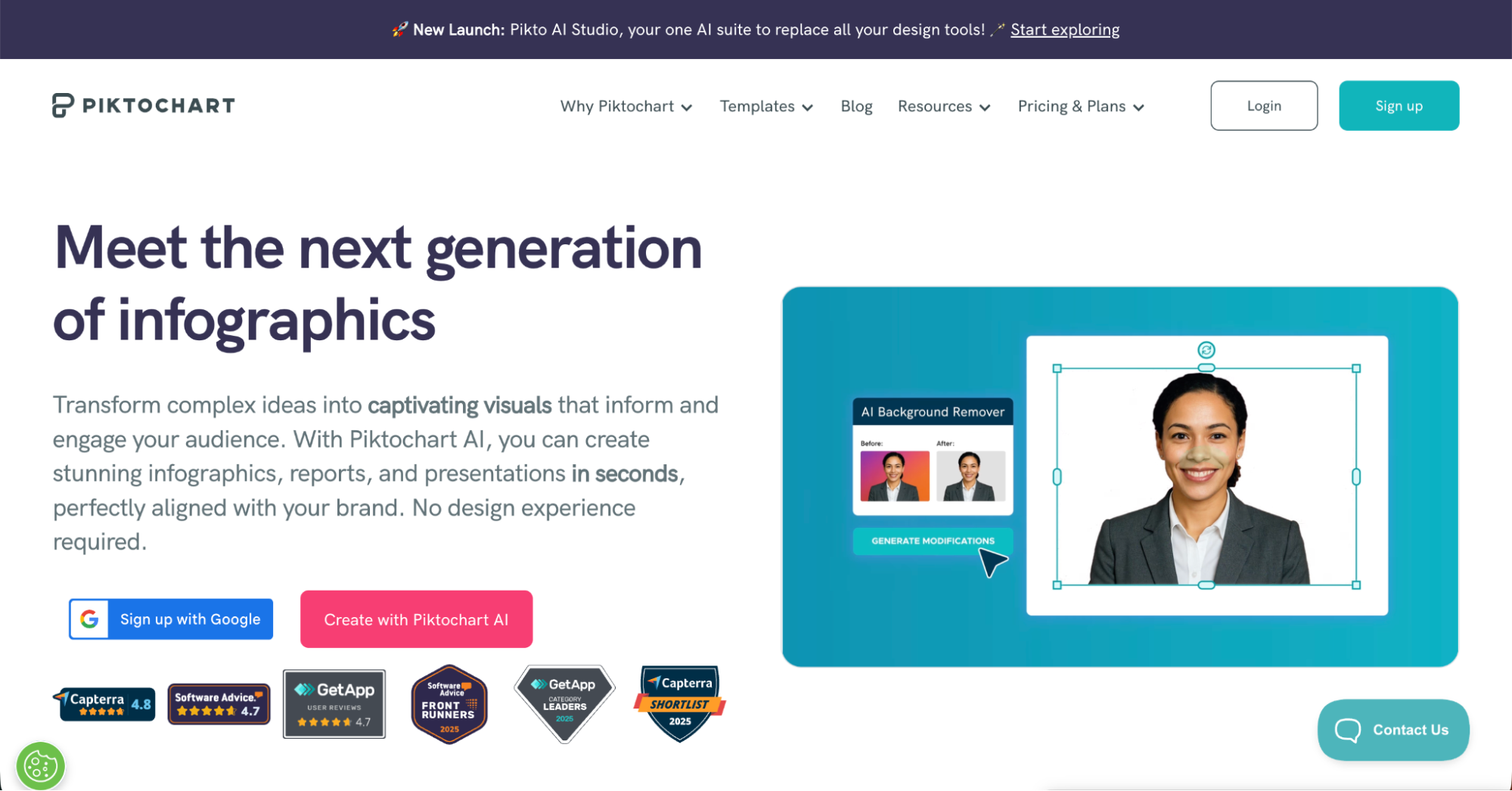 A webpage for Piktochart showcases a headline about next-generation infographics, a Create with Piktochart AI button, review badges, and an illustration of a man’s photo being edited—an ideal choice among Canva alternatives.