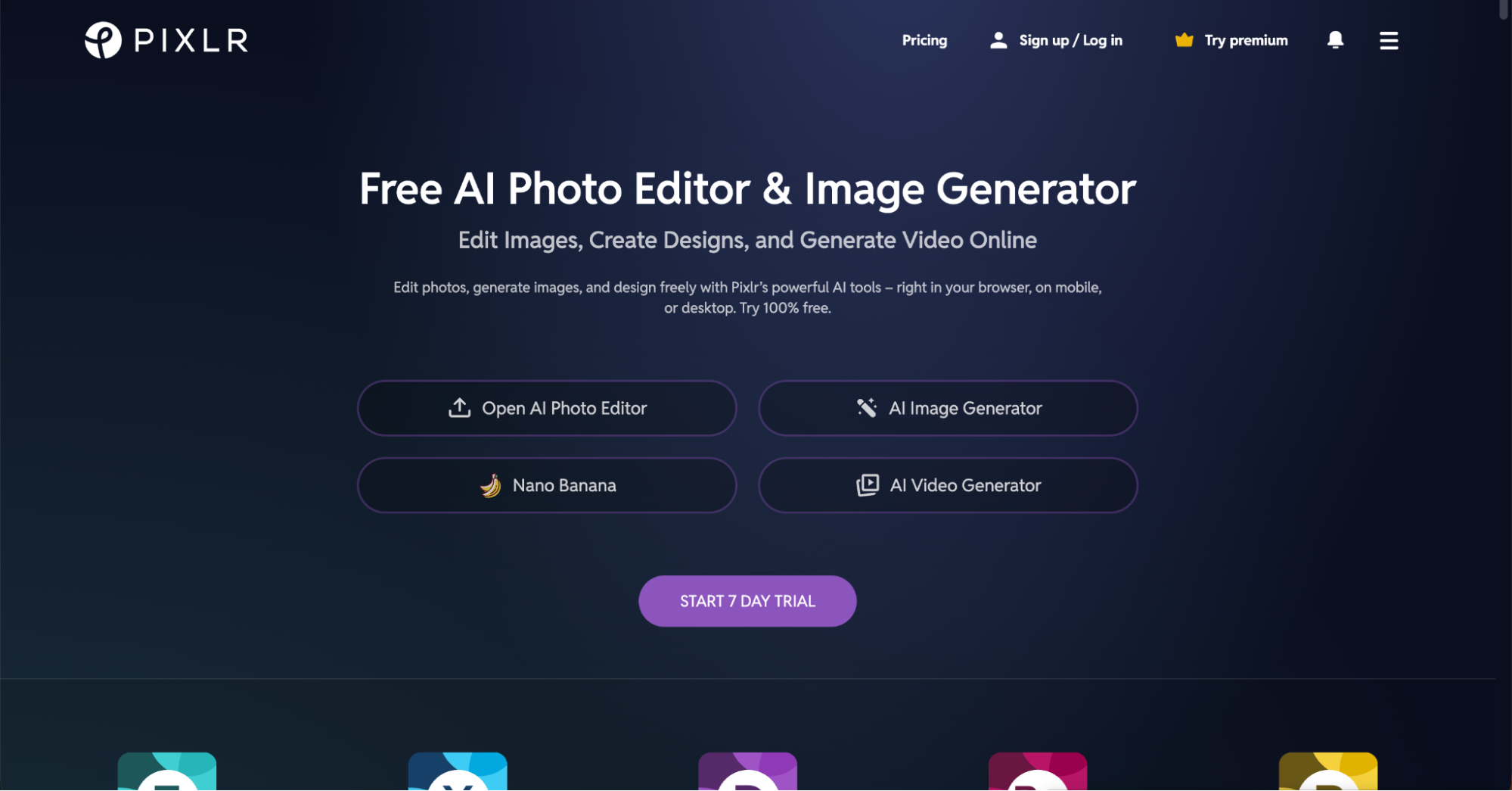 Screenshot of the Pixlr website homepage. Showcasing a free AI photo editor and image generator, Pixlr stands out among canva alternatives, with buttons for its photo editor, AI image generator, Nano Banana, AI video generator, and a central 7-day trial button.