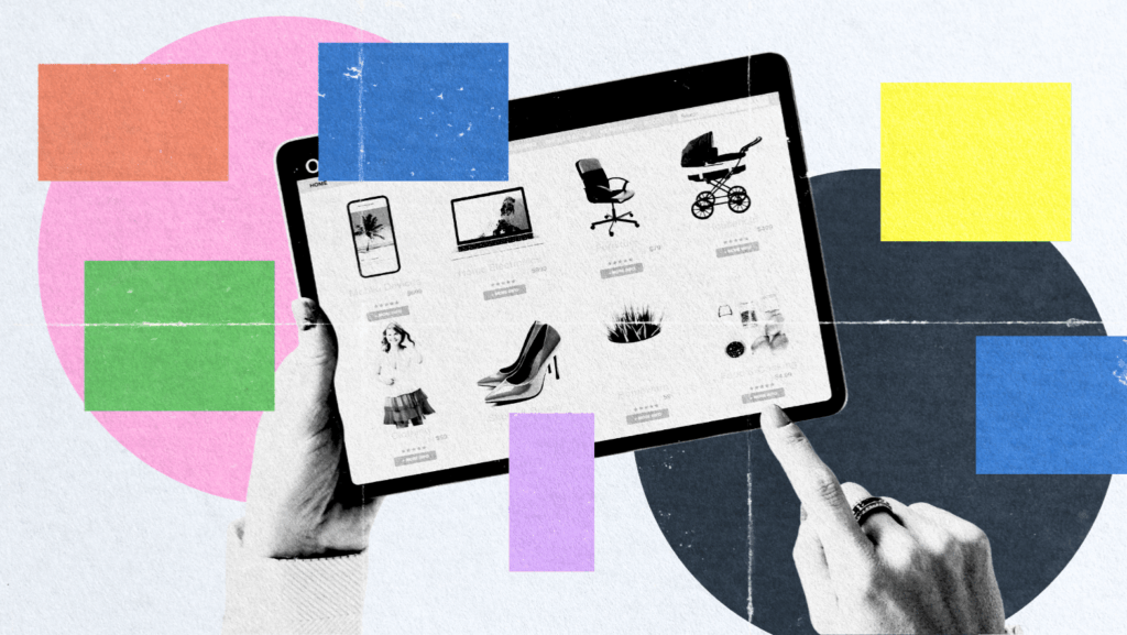 A hand holds and points at a tablet displaying an online shopping page with various products, highlighting the impact of PPC for Ecommerce. Colorful geometric shapes and circles decorate the background.
