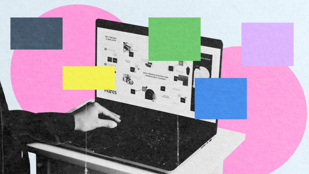 A person using a laptop with their left hand on the keyboard, colorful rectangles overlaying the image, and a pink abstract shape in the background, representing ppc optimization in a creative workspace.