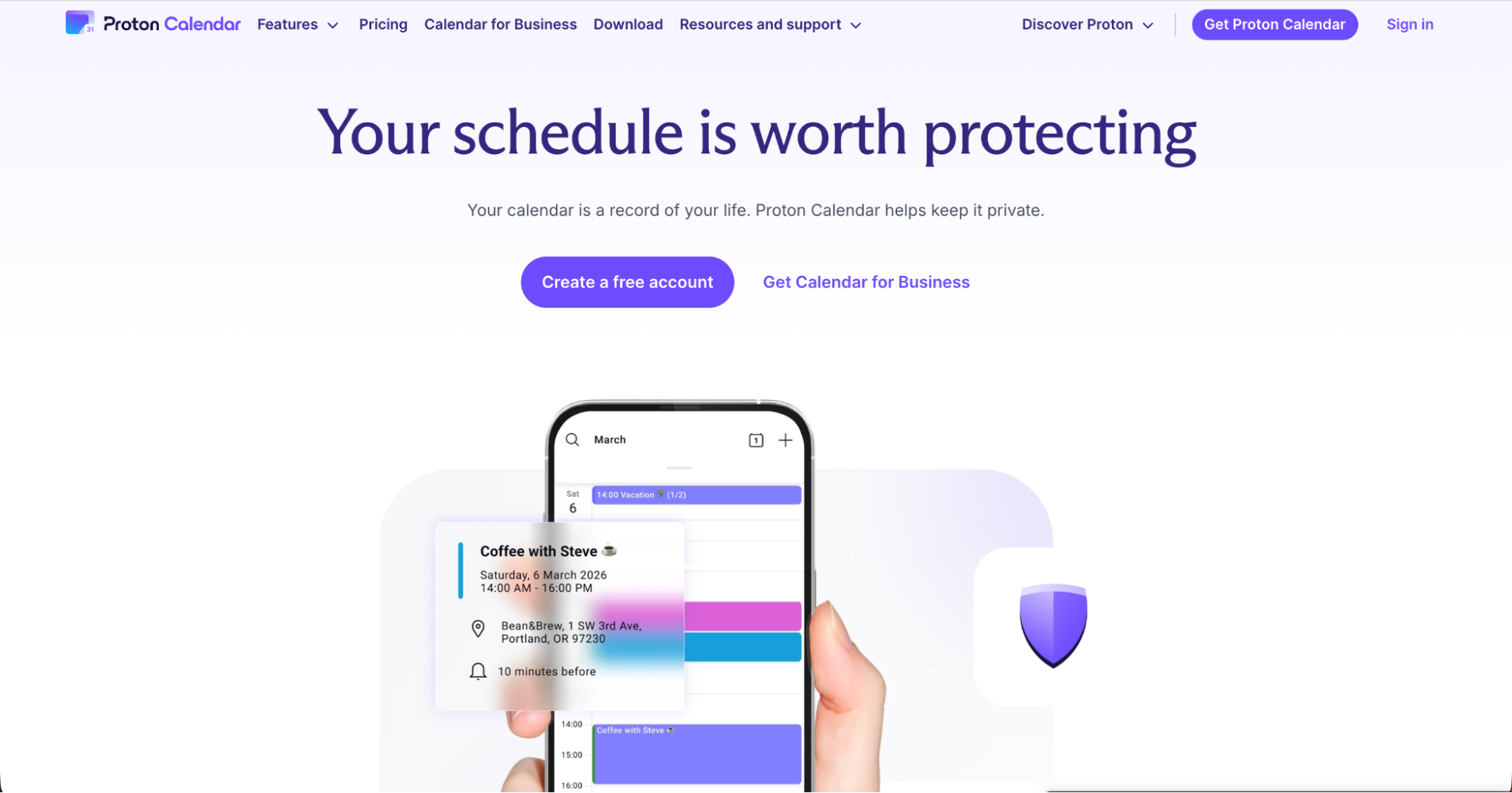 A person holds a smartphone showing a calendar app with events. The screen displays Coffee with Steve and colored time blocks. The website promotes Proton Calendar with the headline Your schedule is worth protecting.