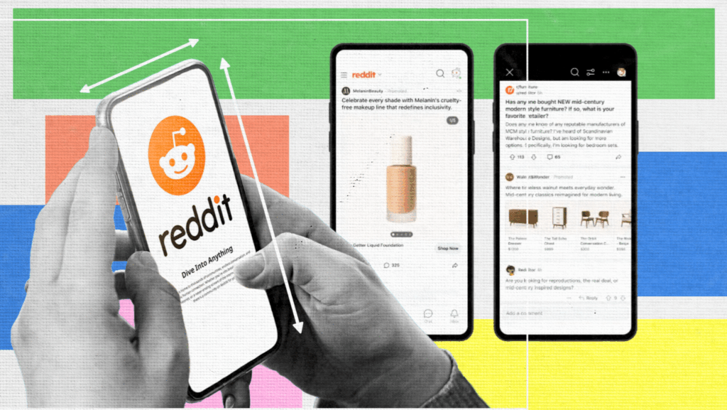 A person holds a smartphone displaying the Reddit logo, while two other phones showcase Reddit posts, threads, and glimpses of Reddit Ads, all set against a colorful, geometric background.