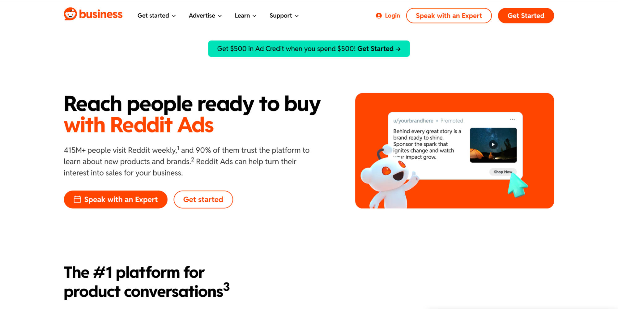 Screenshot of Reddit Ads webpage displaying a header Reach people ready to buy with Reddit Ads, with a Reddit mascot, a social media post mockup, and orange buttons to Speak with an Expert and Get started.