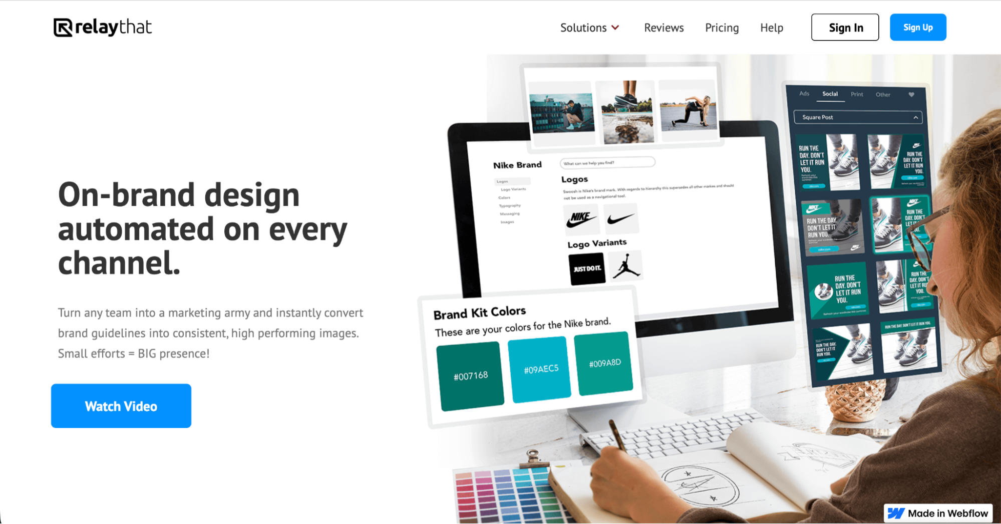 A website homepage for RelayThat features a headline about automated on-brand design, a blue Watch Video button, and visuals of digital brand kit tools and templates on a computer screen—highlighting powerful canva alternatives as a person types on a laptop.