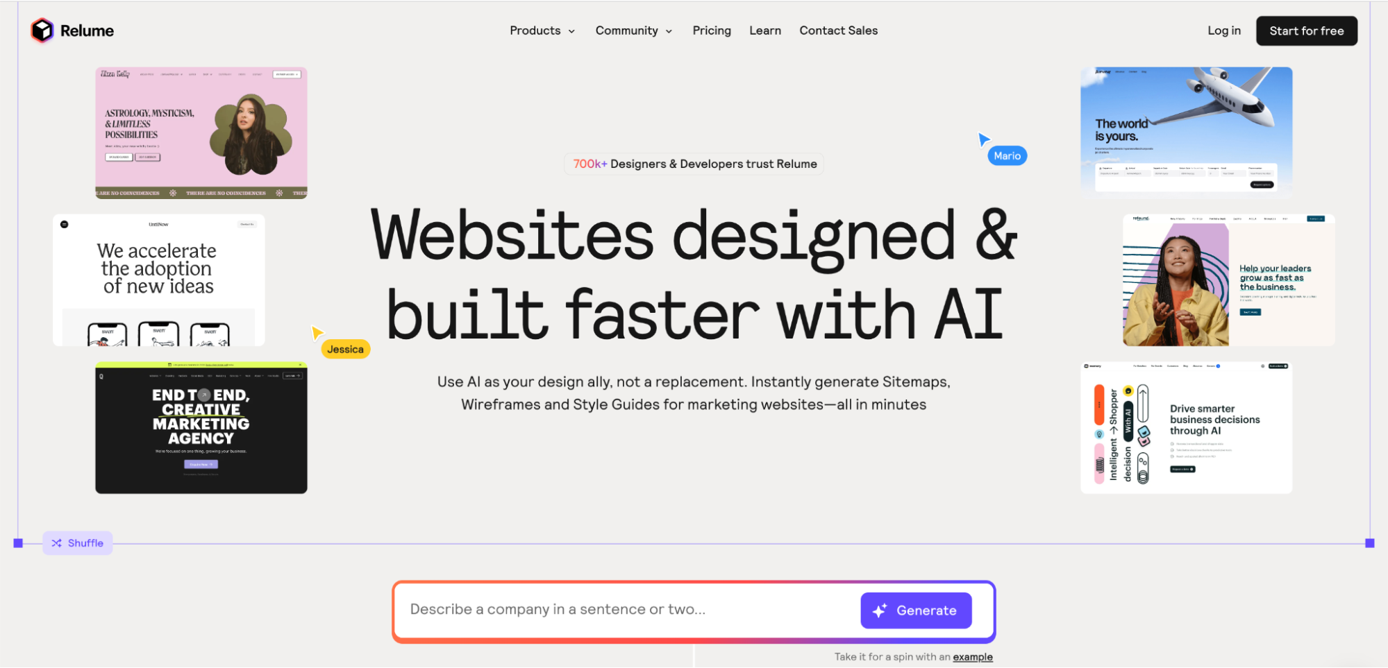 Screenshot of Relume’s homepage featuring the headline “Websites designed & built faster with AI,” interface elements, testimonial quotes, and a text box to describe a company for automated website generation.
