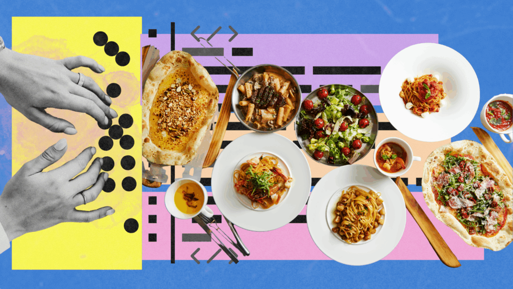 A colorful collage features black-and-white hands playing black dots on a yellow background beside an array of pasta, salad, bread, and grilled meat—an artistic nod to restaurant SEO—set on a bold blue and pink abstract backdrop.
