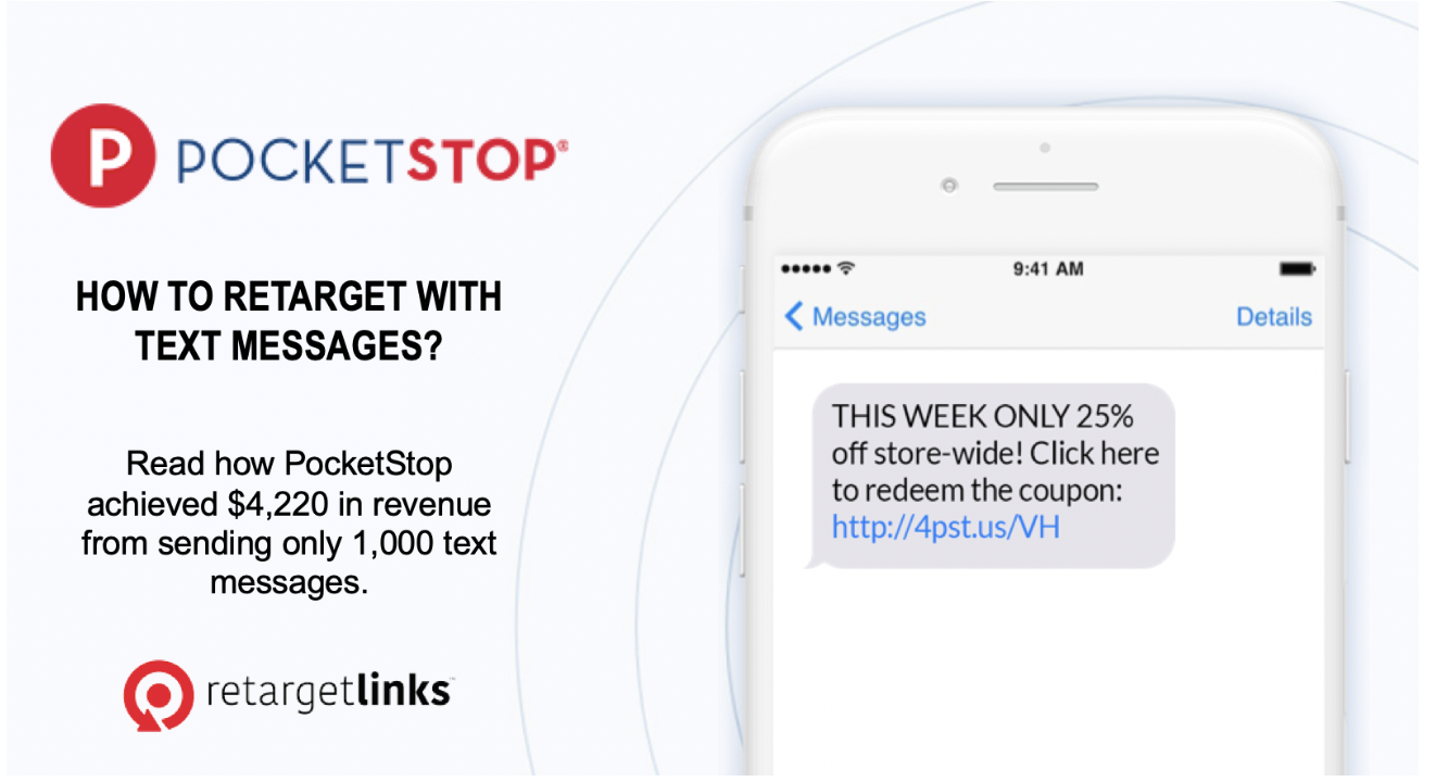 A promotional graphic for Pocketstop shows a smartphone displaying a text message offering 25% off storewide with a coupon link. The graphic highlights achieving $4,220 revenue from 1,000 texts and features the RetargetLinks logo.
