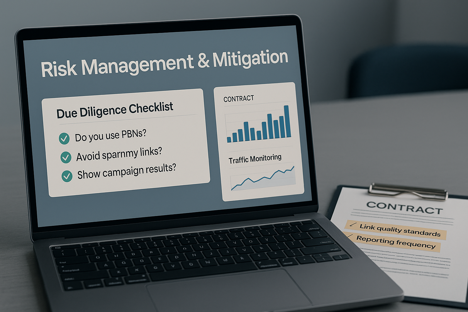 A laptop displays a Risk Management & Mitigation slide with a due diligence checklist, charts, and a contract document—ideal for teams looking to outsource link building while maintaining oversight and compliance.