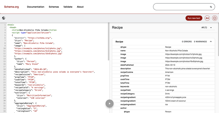 A browser window displays Schema.org’s structured data testing tool. On the left is HTML code for a non-alcoholic piña colada recipe, while the right compares extracted recipe properties—ideal for understanding LLMO vs. GEO vs. AEO schema applications.