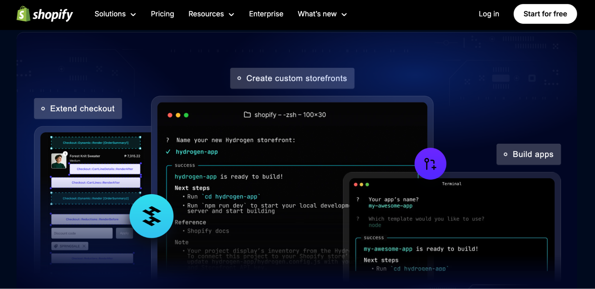 A dark-themed Shopify webpage highlights features like creating custom storefronts, extending checkout, and building apps, with code snippets and icons. Compare shopify vs squarespace as it showcases advanced development tools for your online store.