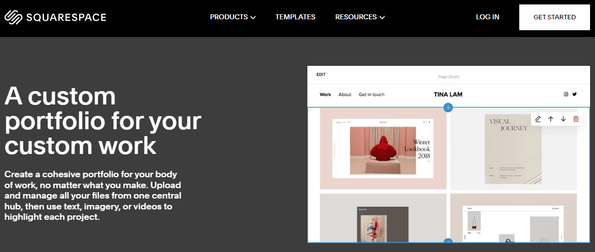 A Squarespace webpage displays a sample portfolio featuring various visual projects. Text on the left promotes creating custom portfolios, highlighting the benefits of Squarespace in comparison to Shopify vs Squarespace for creative showcases.