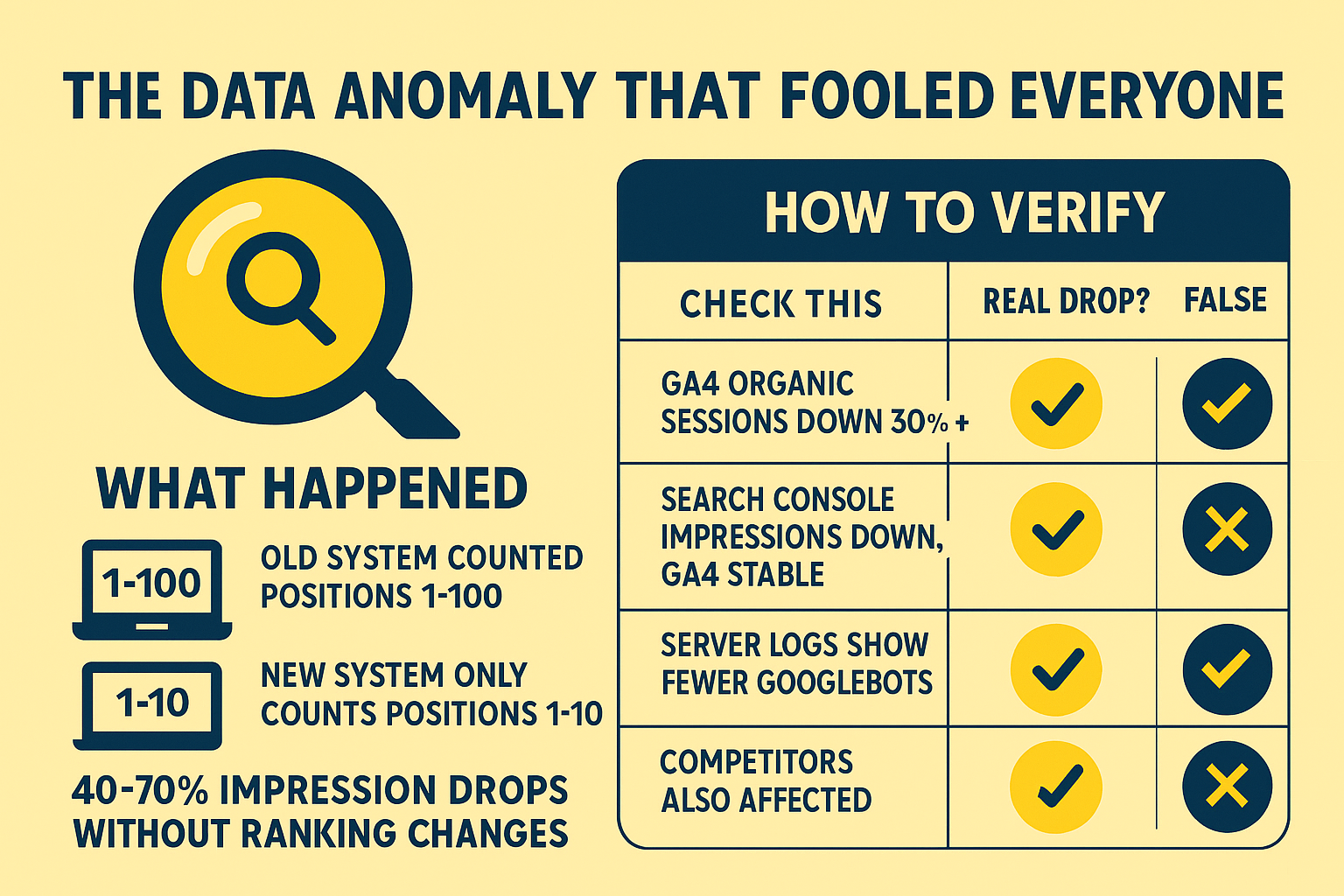 Infographic explaining a data anomaly in website rankings, showing large drops in impressions without ranking changes and listing steps to verify if the drop is real or false using GA4, Search Console, server logs, and competitor analysis.