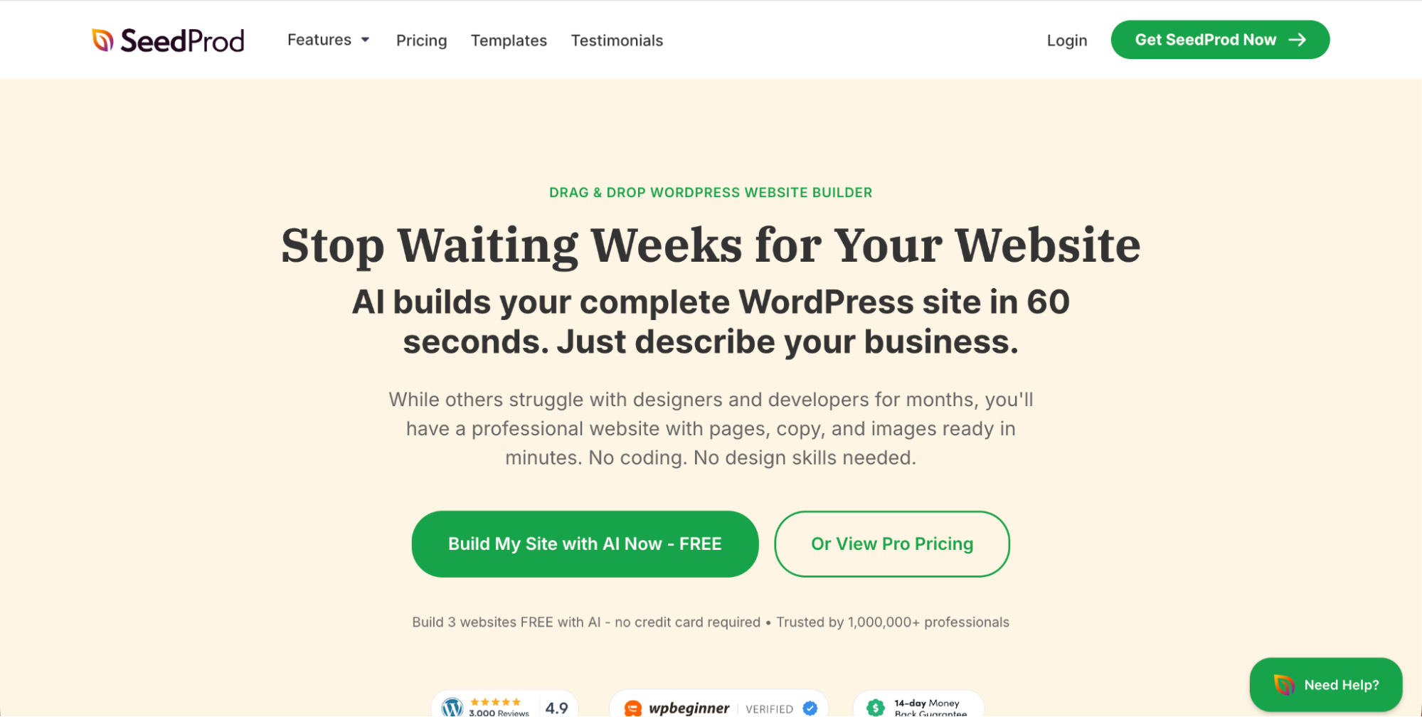 Screenshot of SeedProd’s homepage with the headline: “Stop Waiting Weeks for Your Website.” It promotes AI-built WordPress sites in 60 seconds, positioning SeedProd as a top choice among Linktree alternatives. The clean design features green buttons for free site building or pricing.