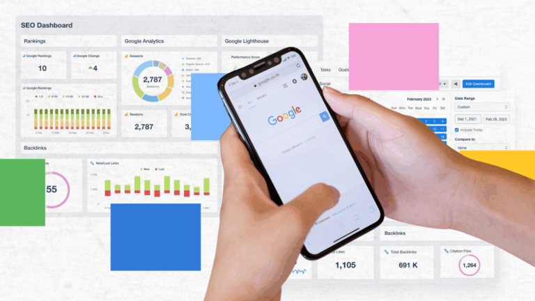 A person holds a smartphone showing the Google homepage. In the background, an SEO Reposting dashboard displays charts, graphs, and analytics data, overlaid with colorful geometric shapes.