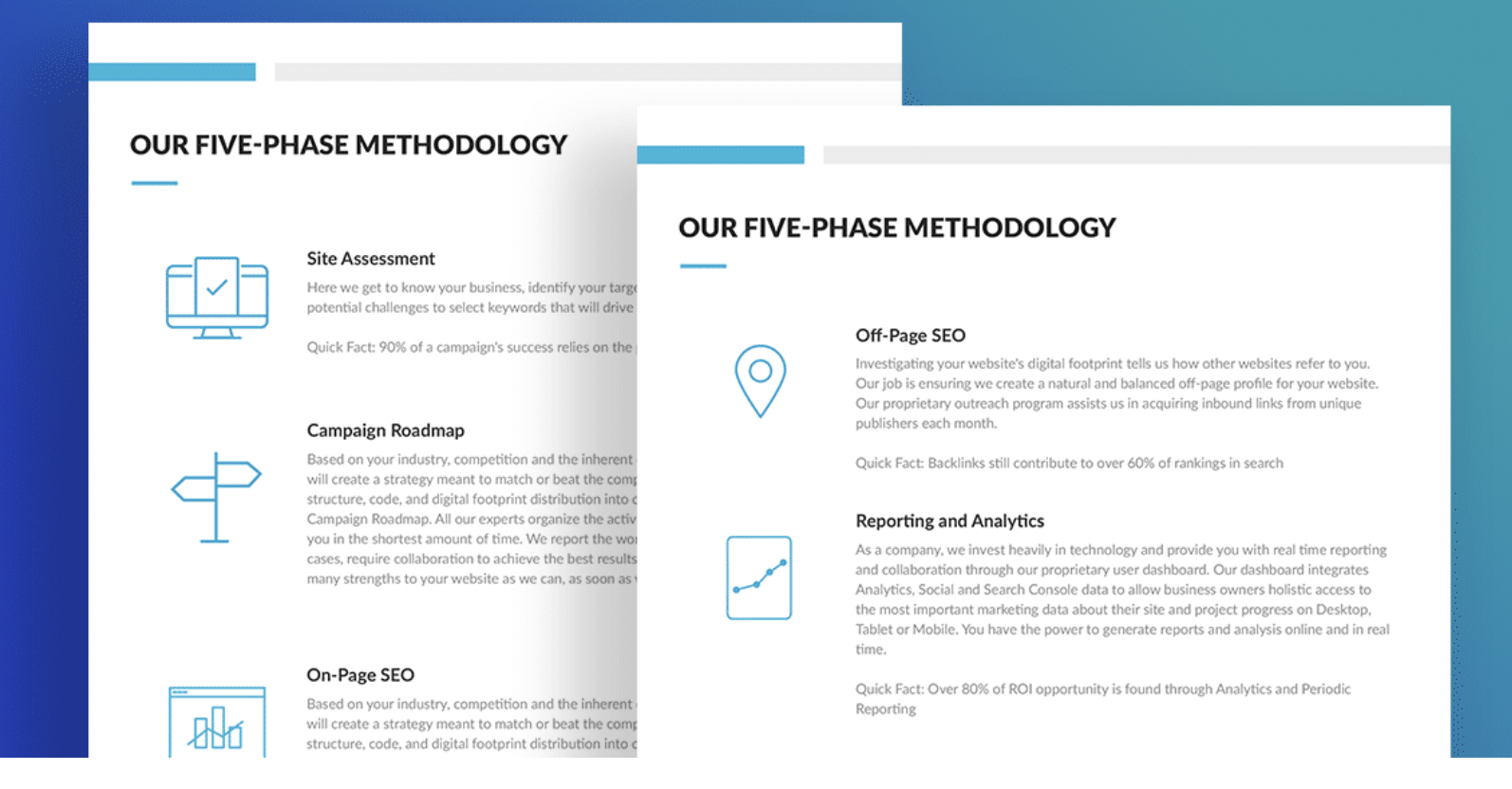 Two overlapping documents illustrate a five-phase seo proposal methodology, featuring sections with icons and brief descriptions for Site Assessment, Campaign Roadmap, On-Page SEO, Off-Page SEO, and Reporting and Analytics.