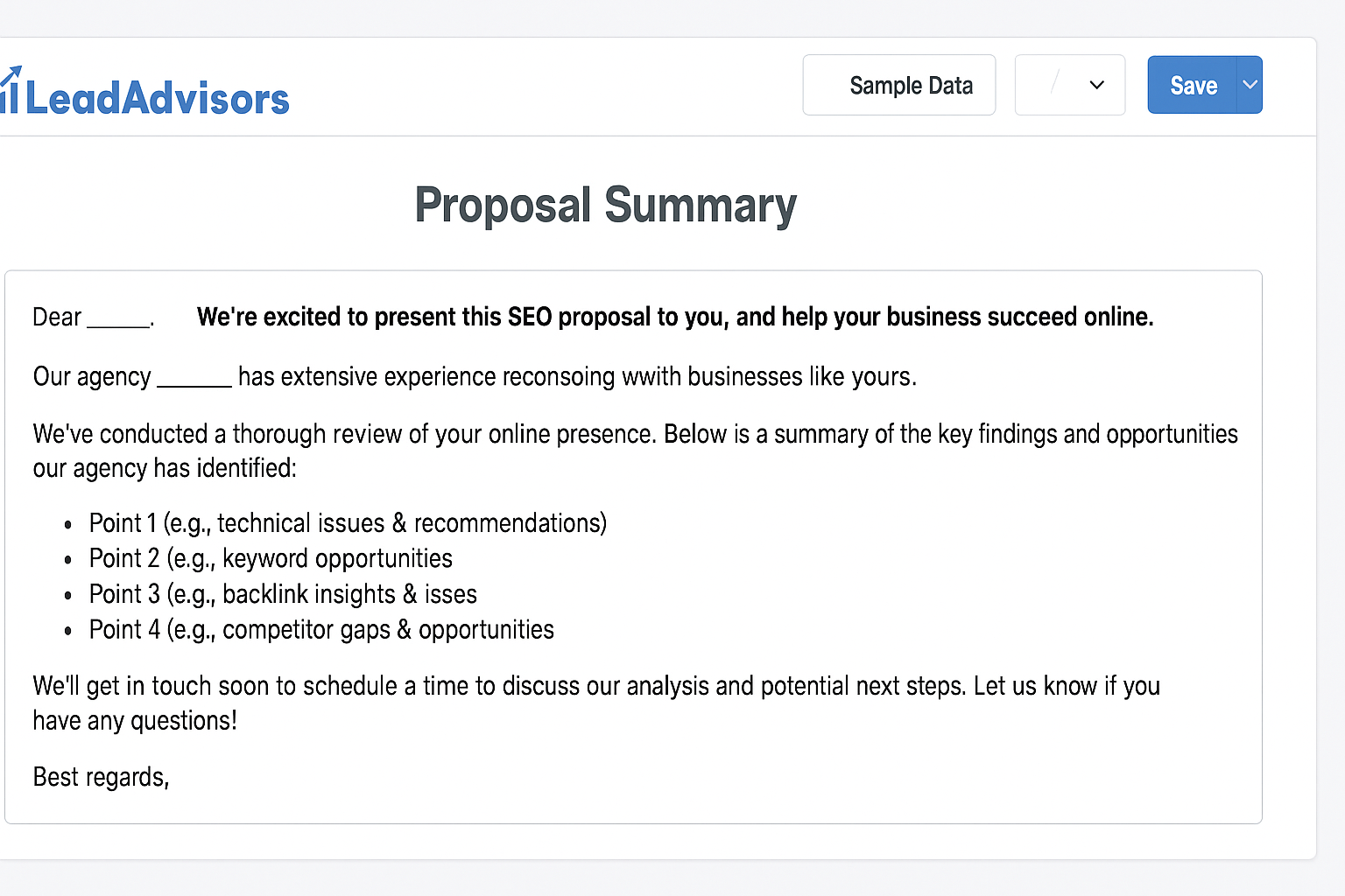 A screenshot of a LeadAdvisors seo proposal summary template, outlining key findings and opportunities for SEO improvement with sample bullet points and placeholders for client-specific information.