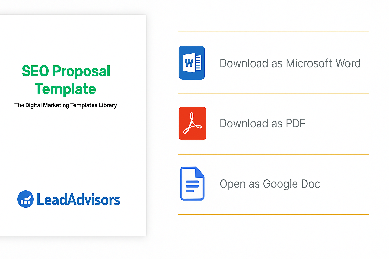 SEO Proposal Template by LeadAdvisors. Options to download as Microsoft Word (blue icon), download as PDF (red icon), or open as Google Doc (blue and white icon) are shown on the right side.
