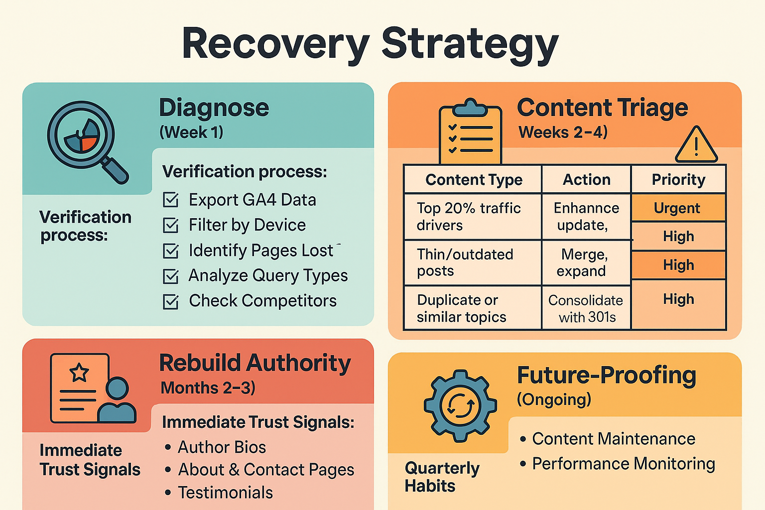 An infographic titled Recovery Strategy outlines steps: Diagnose (verify GA4 data, filter, identify pages, analyze queries, check competitors), Content Triage (enhance top traffic, expand thin pages, consolidate duplicates), Rebuild Authority, and Future-Proofing.