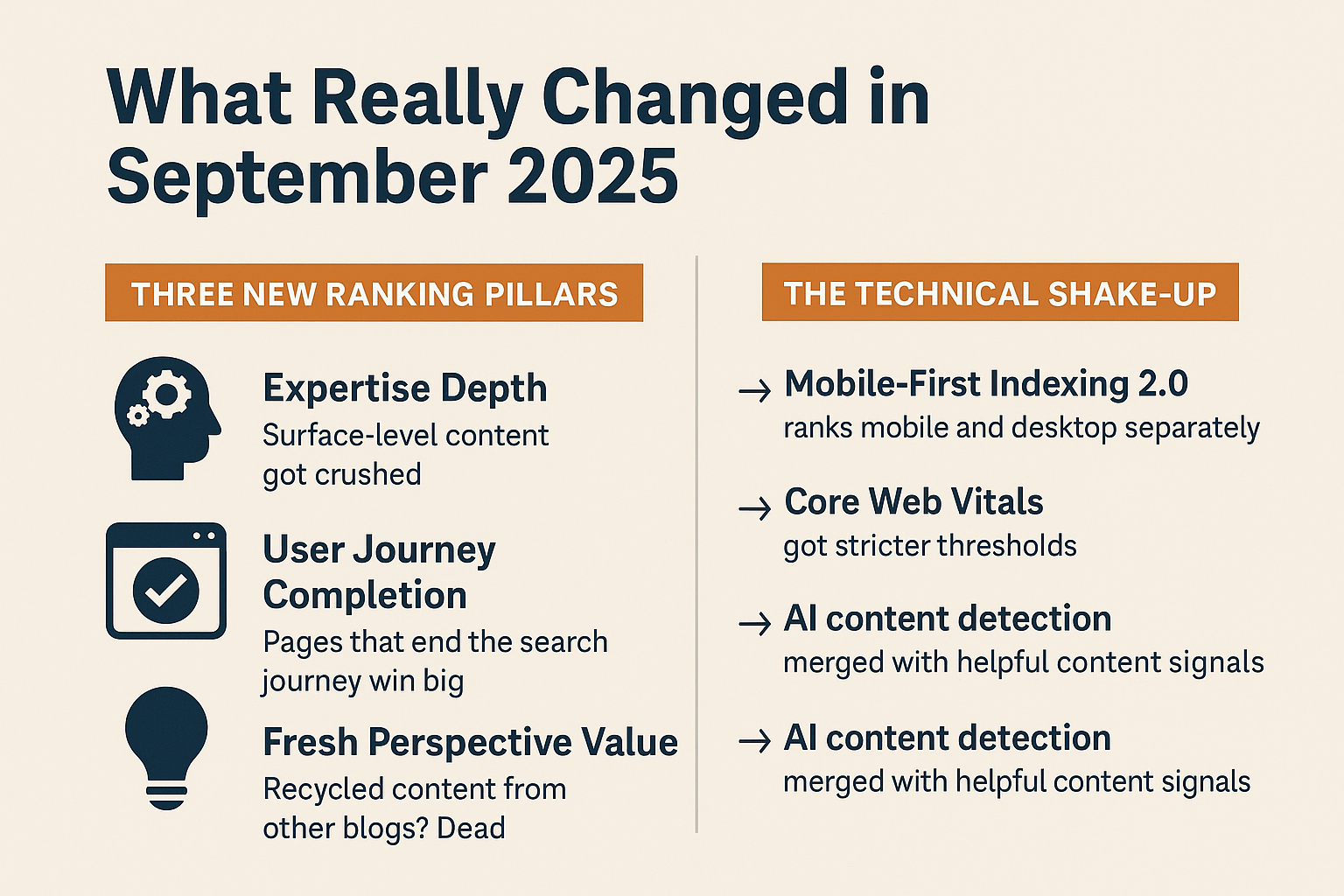 Infographic titled “What Really Changed in September 2025” showing three new ranking pillars (Expertise Depth, User Journey Completion, Fresh Perspective Value) and technical updates like Mobile-First Indexing 2.0 and AI content detection.