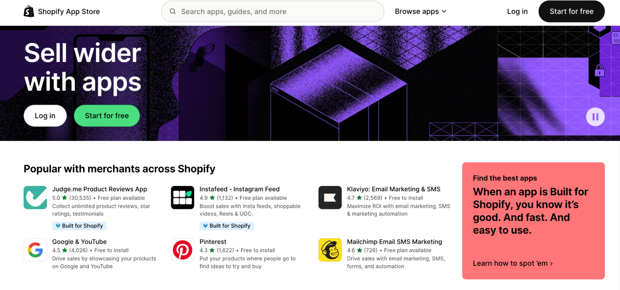 Shopify App Store homepage featuring a purple geometric banner, a search bar, popular apps like Judge.me, Instafeed, and Pinterest—plus a red box highlighting Built for Shopify apps and resources comparing Shopify vs Squarespace on the right.