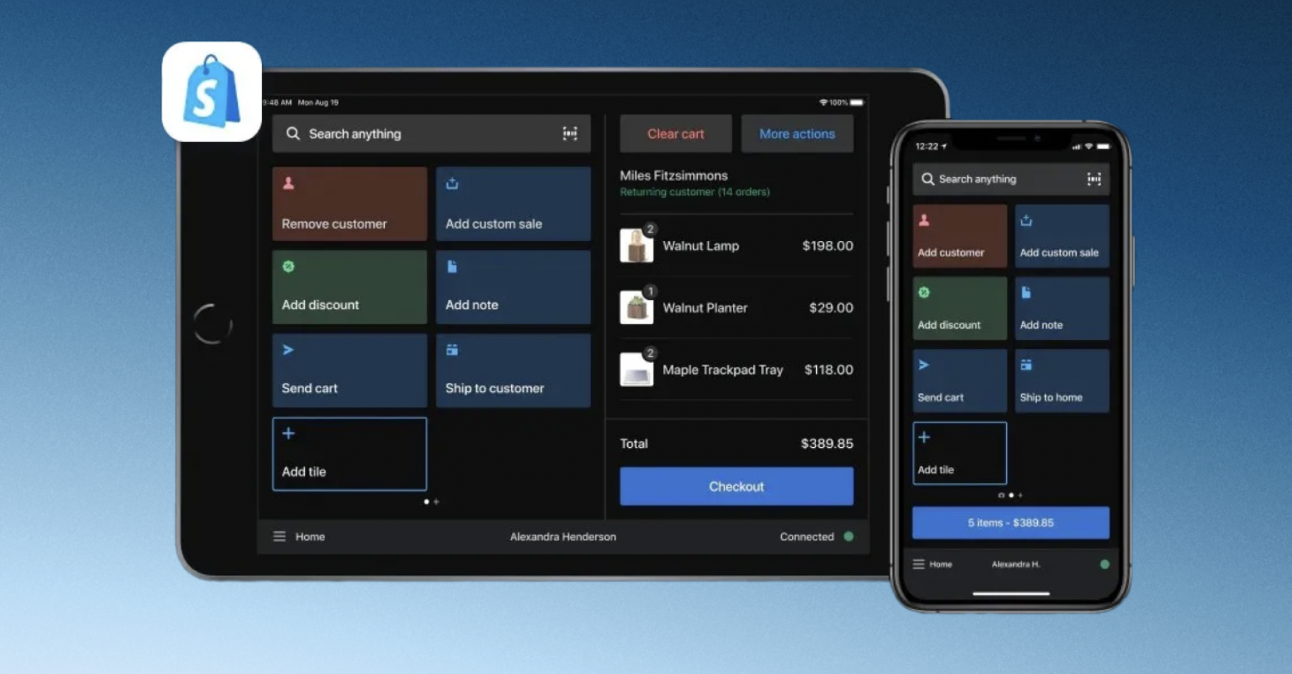 A tablet and smartphone display the Shopify POS app interface with options to manage sales, customers, discounts, notes, and shipping on a dark-themed dashboard—highlighting features in the ongoing Shopify vs Squarespace debate. The Shopify logo appears in the top left corner.