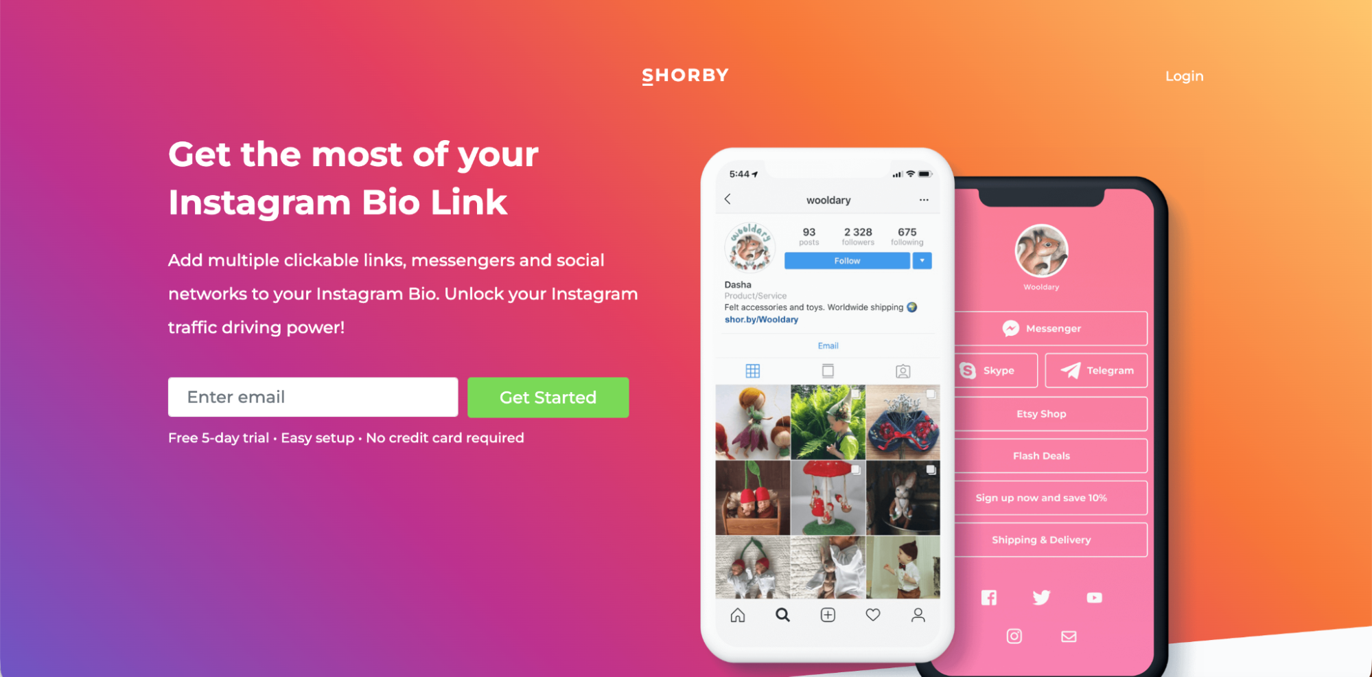 A colorful promotional image for Shorby, showing two smartphones with Instagram and a bio link tool on their screens. The text highlights Shorby’s features for adding multiple clickable links to an Instagram bio.