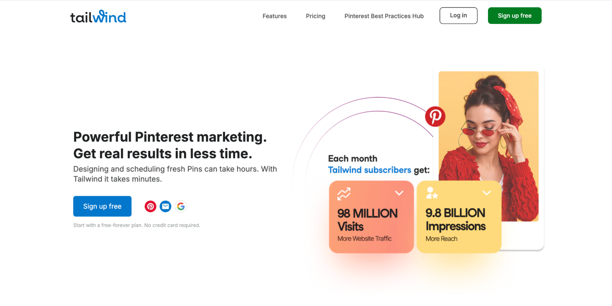 Screenshot of Tailwind’s website showing Pinterest marketing stats. A woman in sunglasses with a Pinterest icon stands by cards highlighting 98 million visits and 9.8 billion impressions. Sign up options, similar to Linktree Alternatives, appear on the left.
