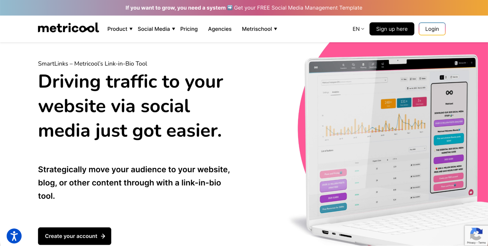 Screenshot of Metricool’s SmartLinks tool webpage. The left side features text about driving website traffic via social media using Linktree alternatives, while the right side shows a laptop displaying a social media analytics dashboard.