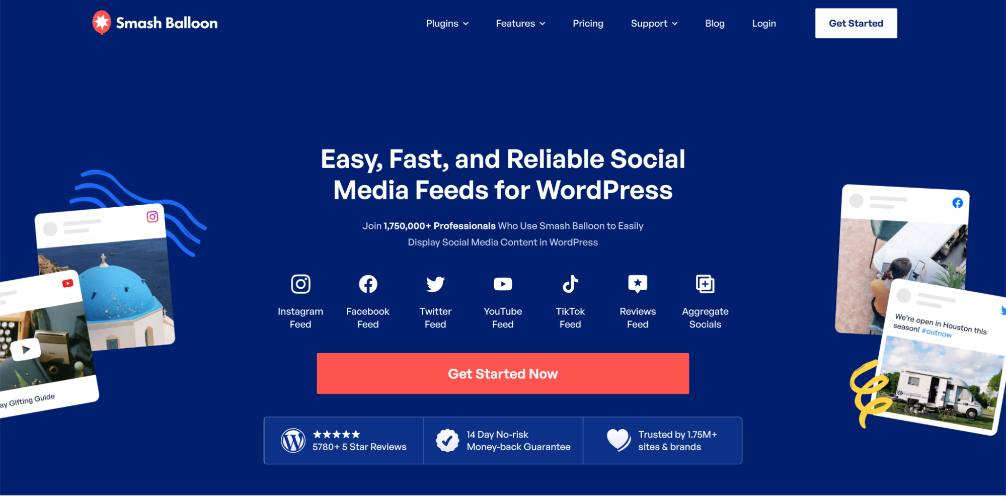 Screenshot of Smash Balloon homepage with a blue background, headline about easy, reliable social media feeds for WordPress—ideal for those seeking Linktree Alternatives. Features buttons for Instagram, Facebook, Twitter feeds, plus ratings and user reviews.