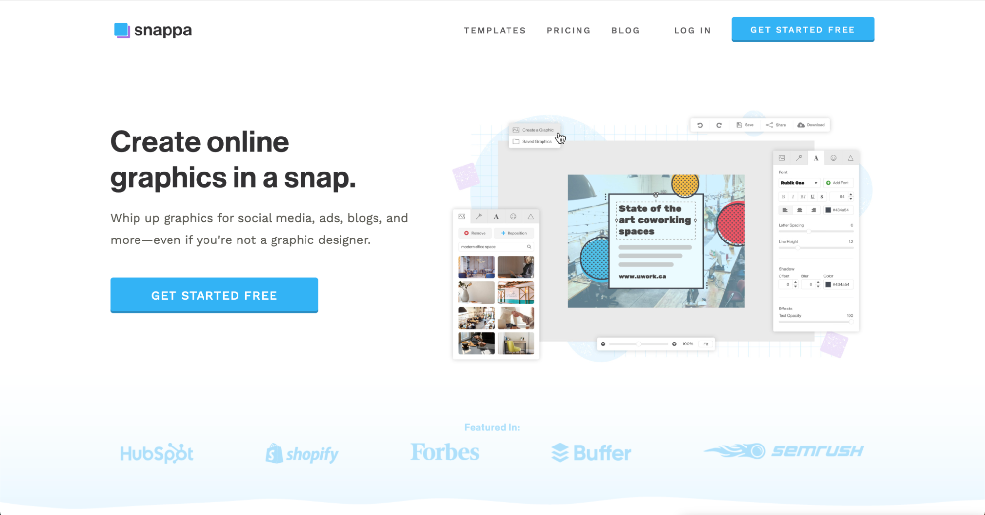 Screenshot of Snappa’s homepage showing the tagline Create online graphics in a snap, a Get Started Free button, a sample design workspace, and logos of top companies—an ideal choice for those seeking Canva alternatives.