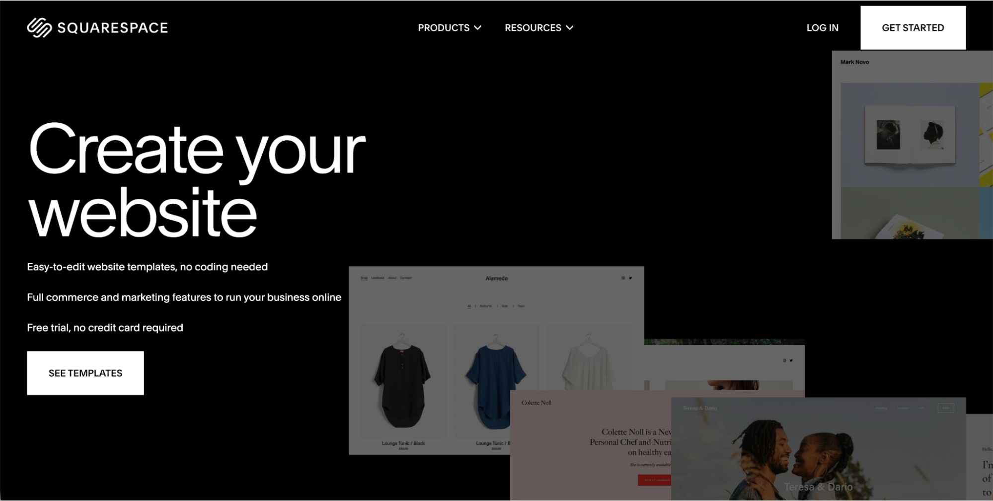 Squarespace homepage with a black background, white text reading Create your website, and sample website templates displayed. Showcasing options to log in, get started, view templates, and explore Linktree alternatives for building your online presence.