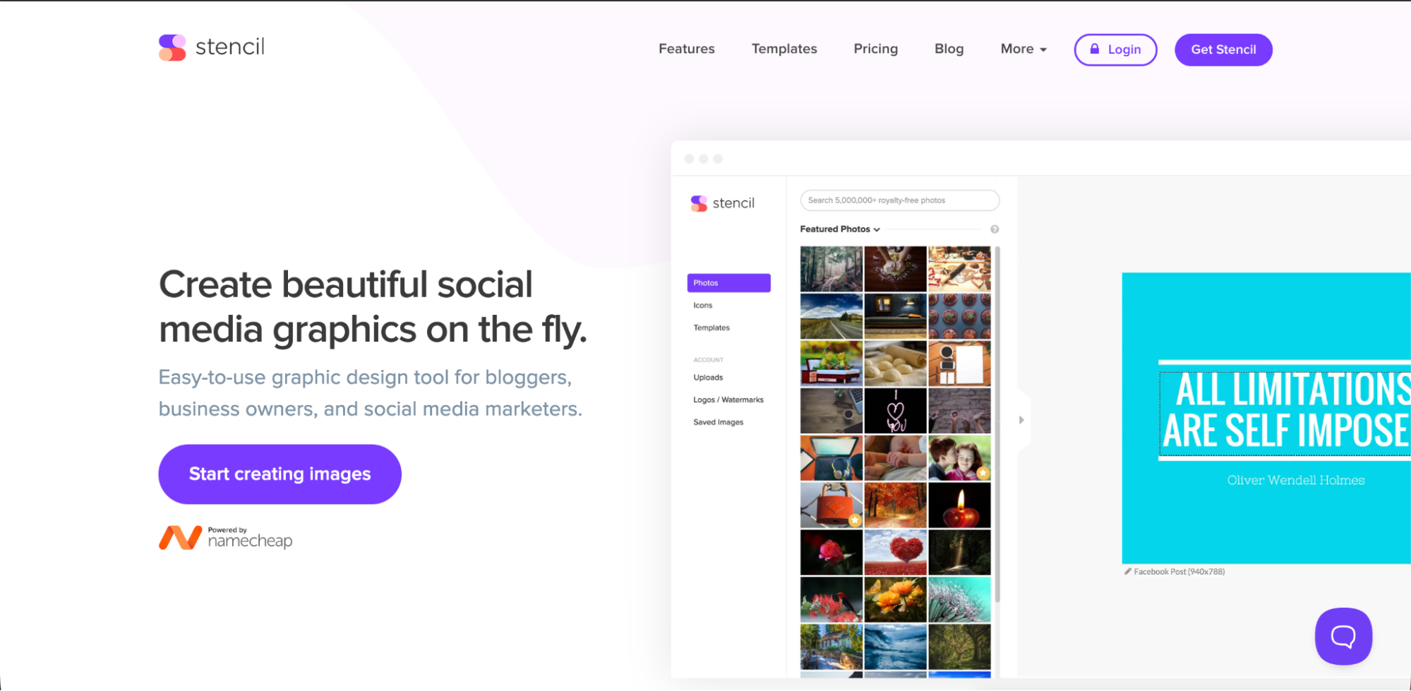 Screenshot of Stencils website homepage showcasing a graphic design tool for creating social media images—an excellent choice among Canva alternatives—with a template gallery on the right and a “Start Creating” button on the left.
