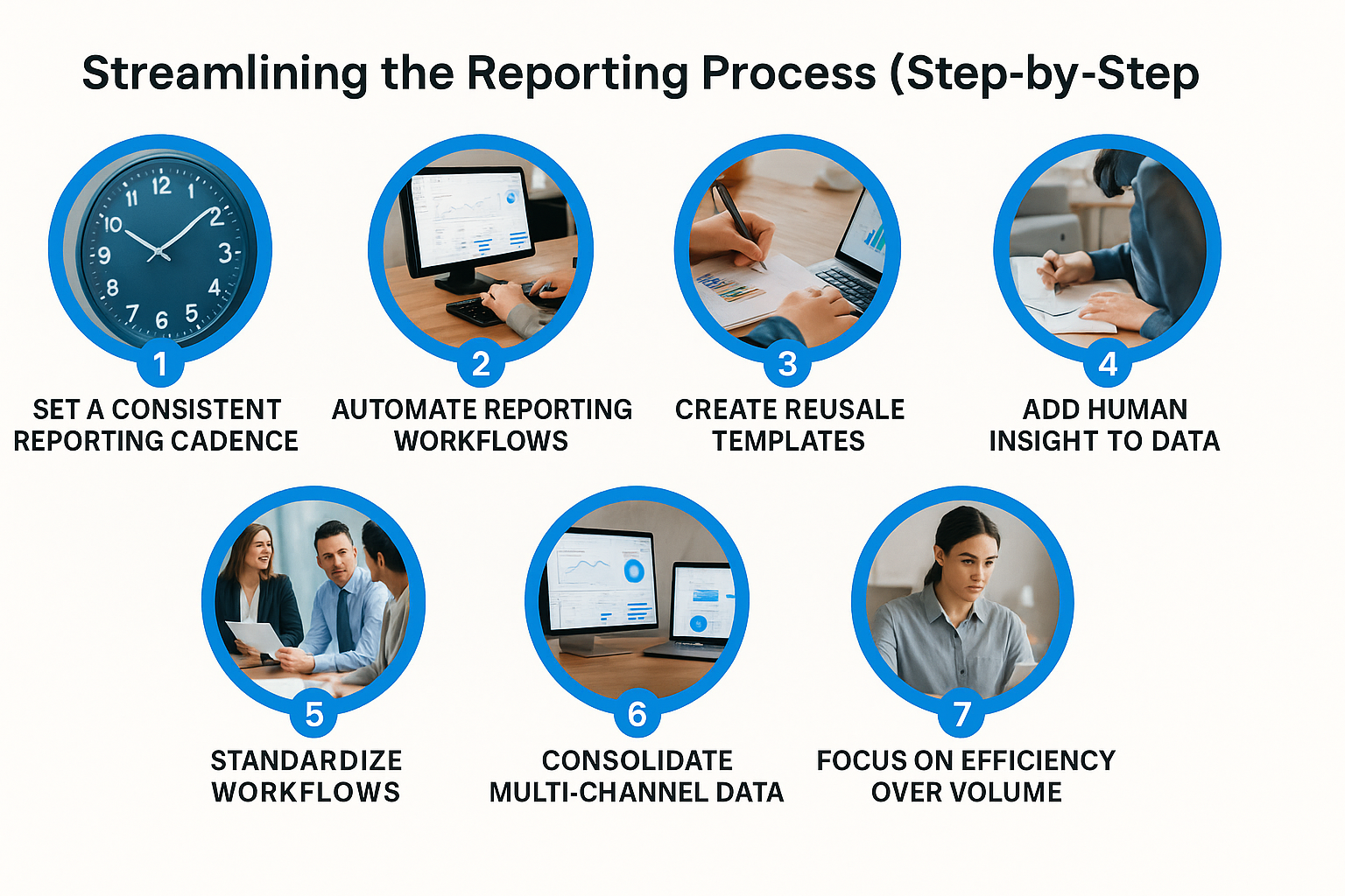 A visual guide titled Streamlining the Reporting Process (Step-by-Step) shows seven steps—including SEO Reposting—with related icons: consistent cadence, automated workflows, reusable templates, human insights, standardized workflows, consolidated data, and efficiency focus.