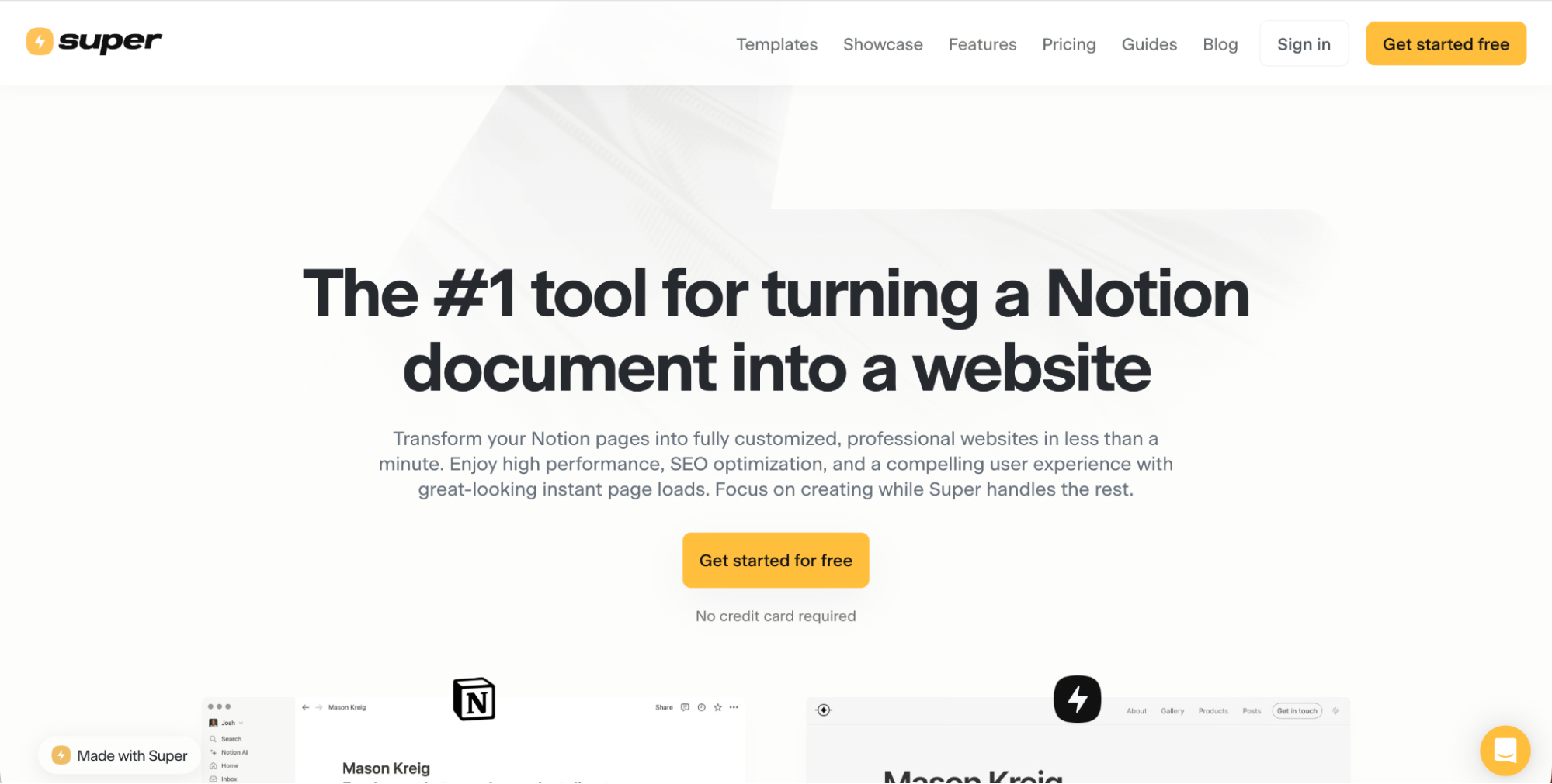 Website homepage for Super with bold text stating it’s the “#1 tool for turning a Notion document into a website.” A yellow “Get started for free” button is centered below, and navigation links highlight Super as one of the top Linktree Alternatives.