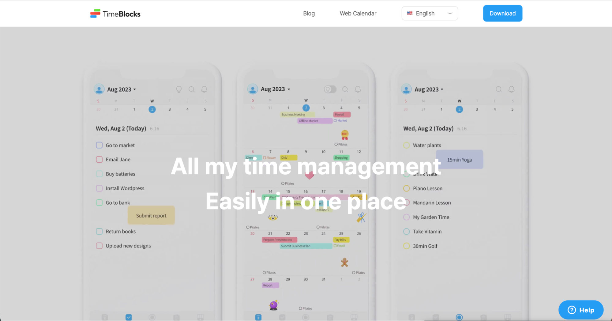 Screenshot of the TimeBlocks website showing a calendar app interface with colorful events and tasks. The text overlaid reads: “All my time management. Easily in one place.” Website menu and buttons are visible at the top.