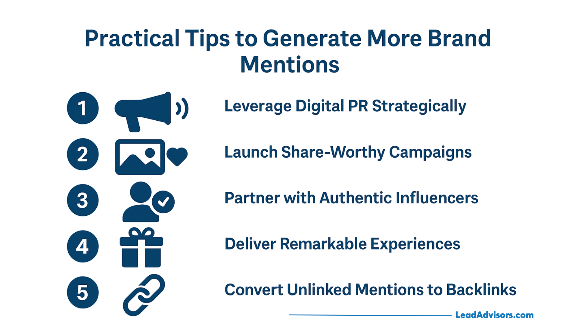 Infographic titled Practical Tips to Generate More Brand Mentions lists five ways to boost brand mentions: use digital PR, launch share-worthy campaigns, partner with influencers, deliver great experiences, and convert unlinked mentions to backlinks.