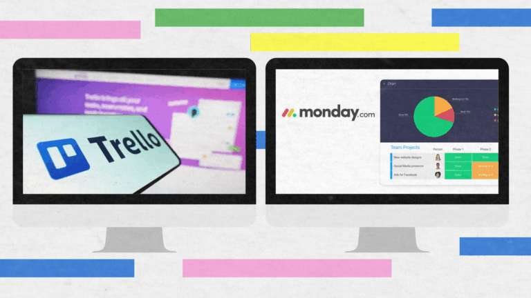 Two computer monitors side by side display the dashboards for Trello vs Monday.com, with colorful horizontal bars in the background highlighting a direct comparison of both platforms' features.