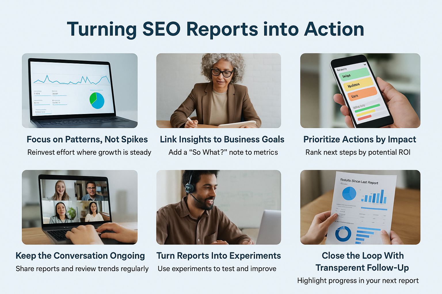 A 2x3 grid infographic titled Turning SEO Reports into Action, featuring images and text on six strategies—including SEO Reposting. Topics cover focusing on patterns, linking insights to goals, prioritizing impact, ongoing conversations, experimenting, and transparent follow-up.