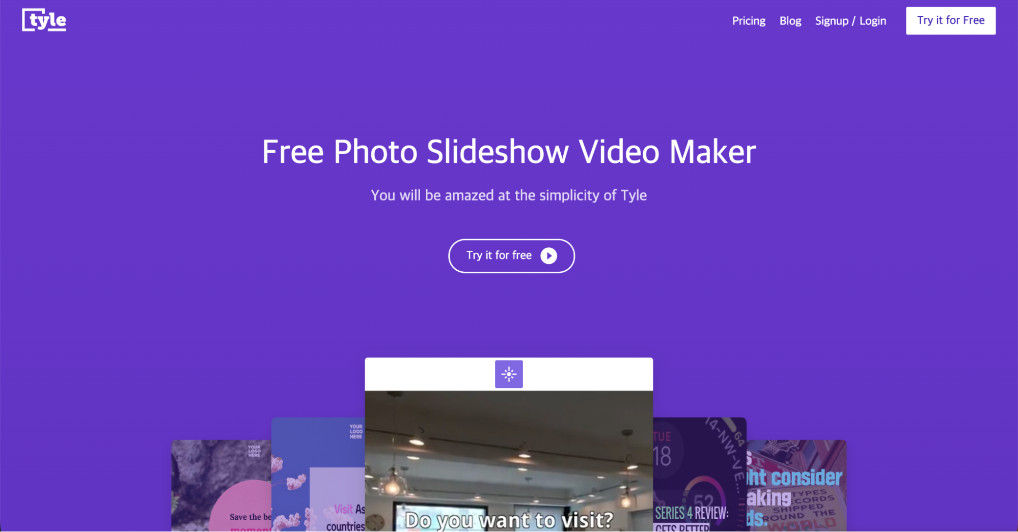 Screenshot of Tyles homepage with a purple background, white text that reads Free Photo Slideshow Video Maker, and buttons for Try it for free—an option among canva alternatives. Top right includes links for Pricing, Blog, Signup, Login, and another Try it for free.