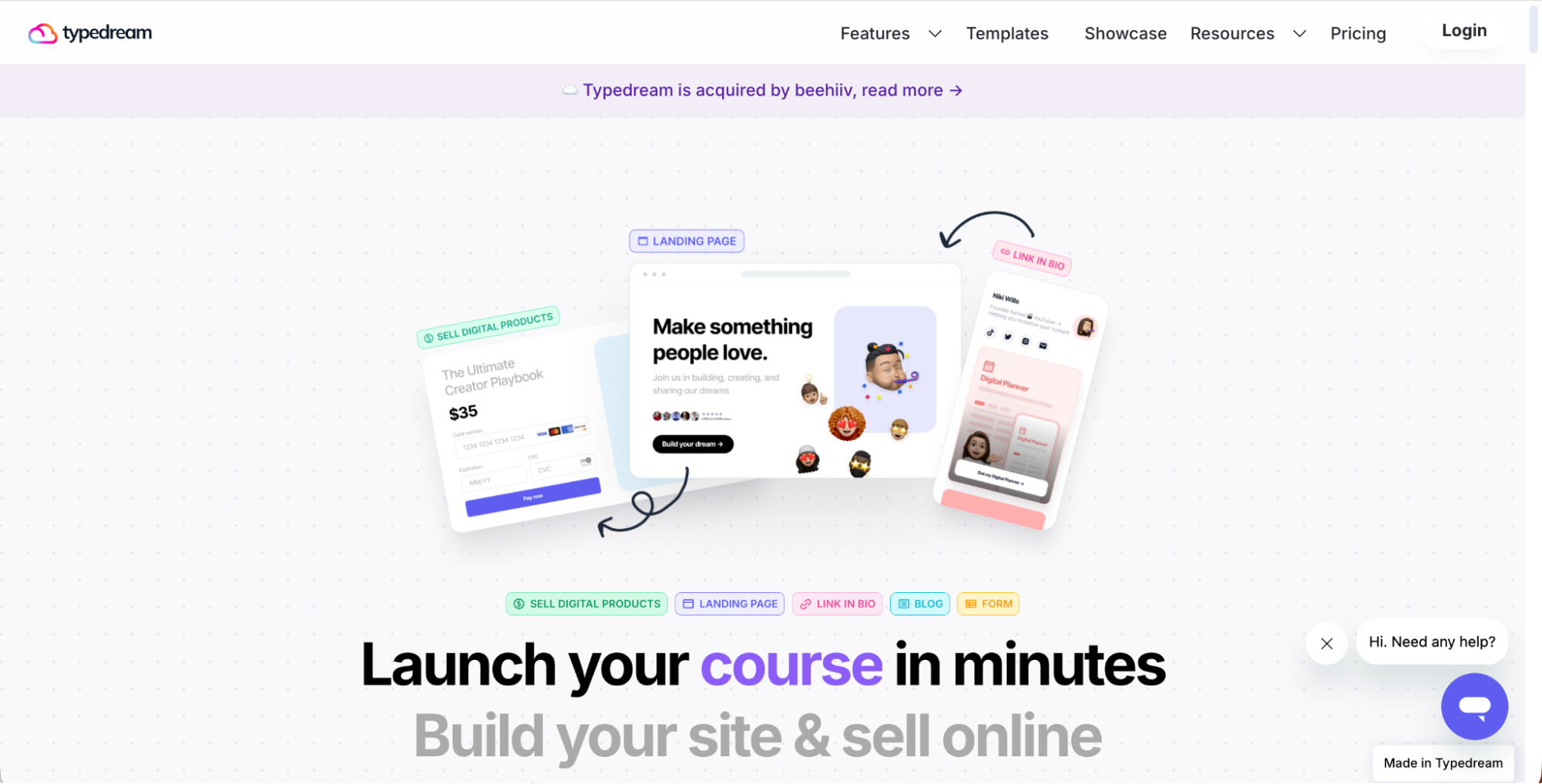 Screenshot of Typedream’s homepage featuring colorful template previews and bold text: “Launch your course in minutes. Build your site & sell online.” Navigation menus, a chat icon, and Linktree Alternatives for creators are visible.