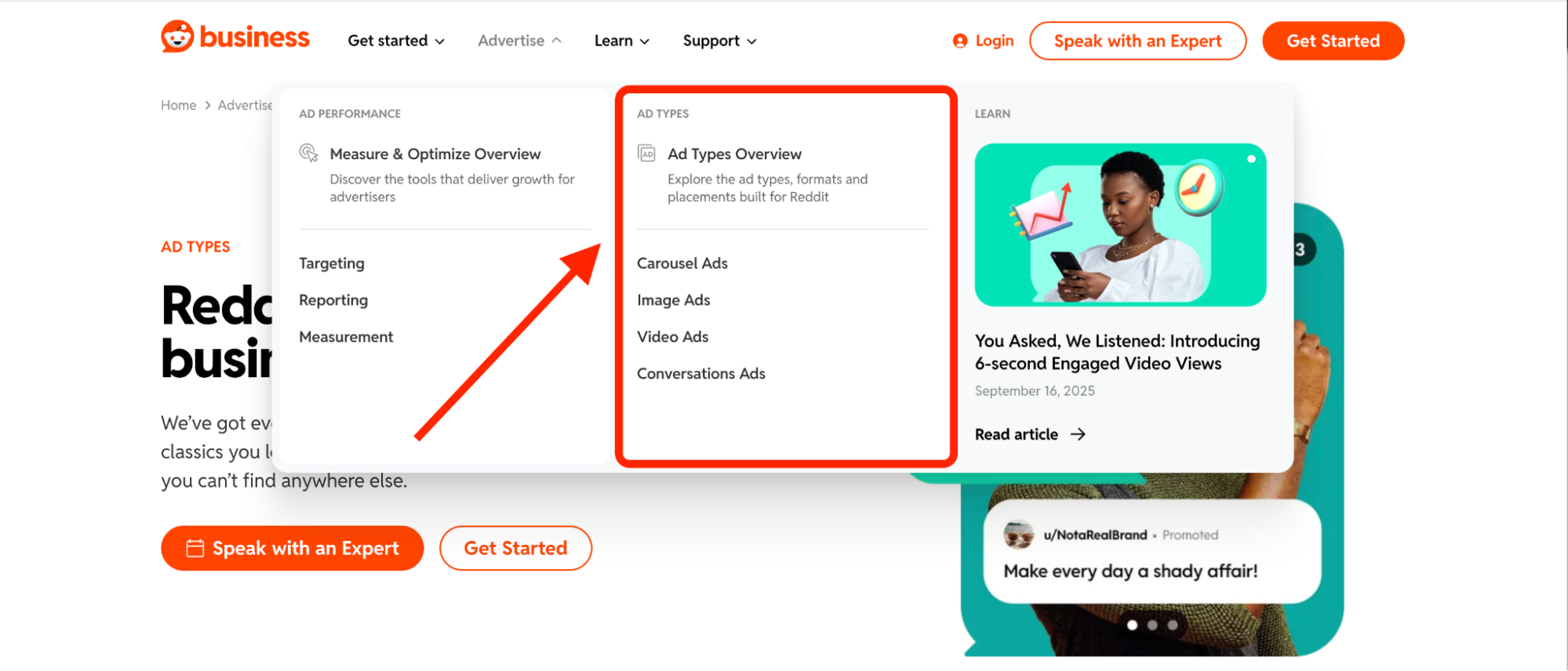 A website page shows a user hovering over “Measure & Optimize Overview,” revealing a dropdown with options. An orange arrow points to “Ad Types Overview” under ad types, highlighting different ad categories on the menu.