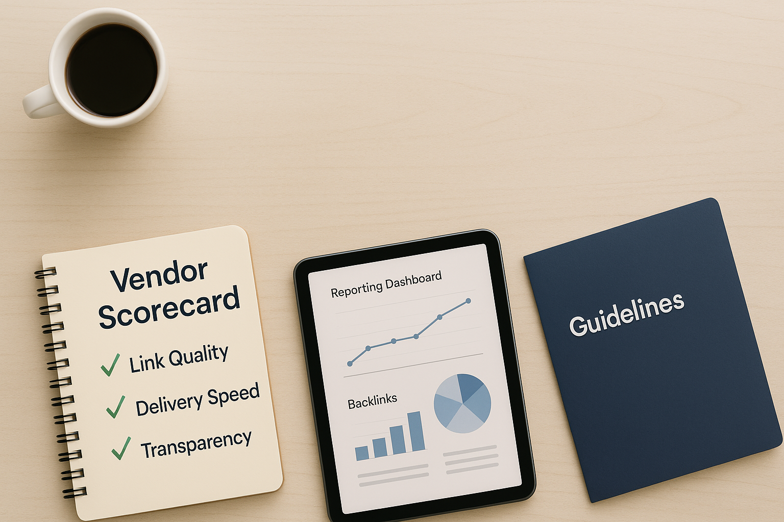 A coffee cup, a notebook labeled Vendor Scorecard with checklist items for outsource link building, a tablet displaying charts, and a blue folder labeled Guidelines are arranged on a light wooden desk.