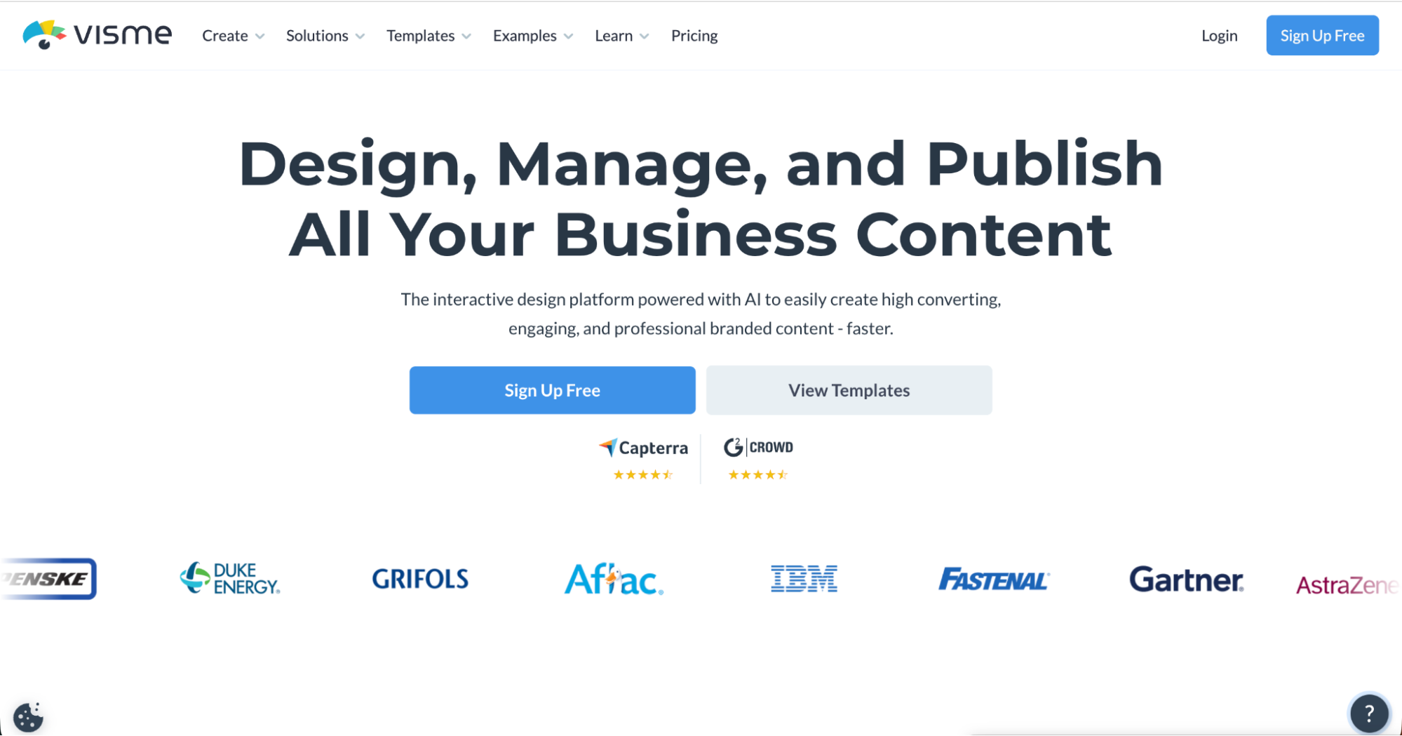 Screenshot of the Visme website homepage, highlighting its slogan, sign up and template buttons, and logos from IBM, Aflac, Gartner, and Grifols—showcasing Visme as one of the top Canva alternatives for business content creation.
