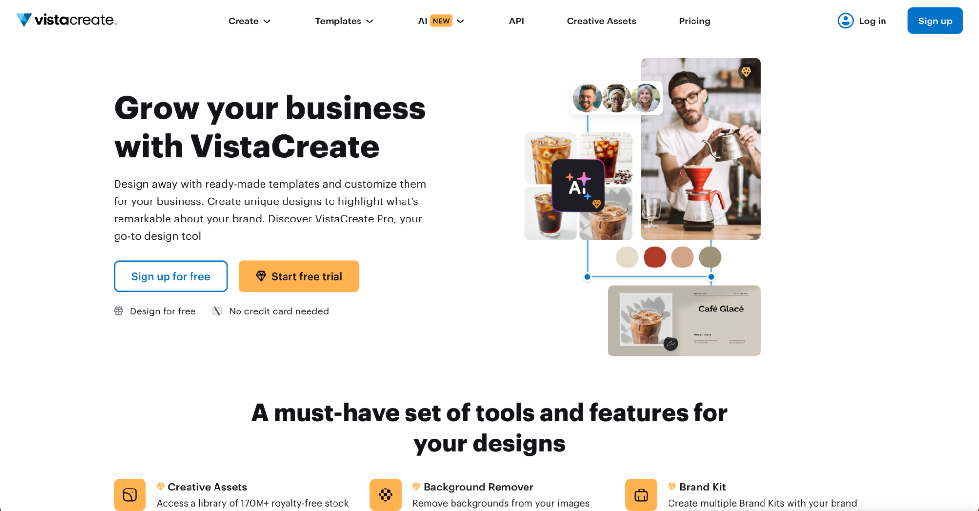 A website homepage for VistaCreate features a headline about growing a business, example design images, a “Start free trial” button, and icons highlighting creative assets, background remover, and brand kit features—ideal for those seeking Canva alternatives.