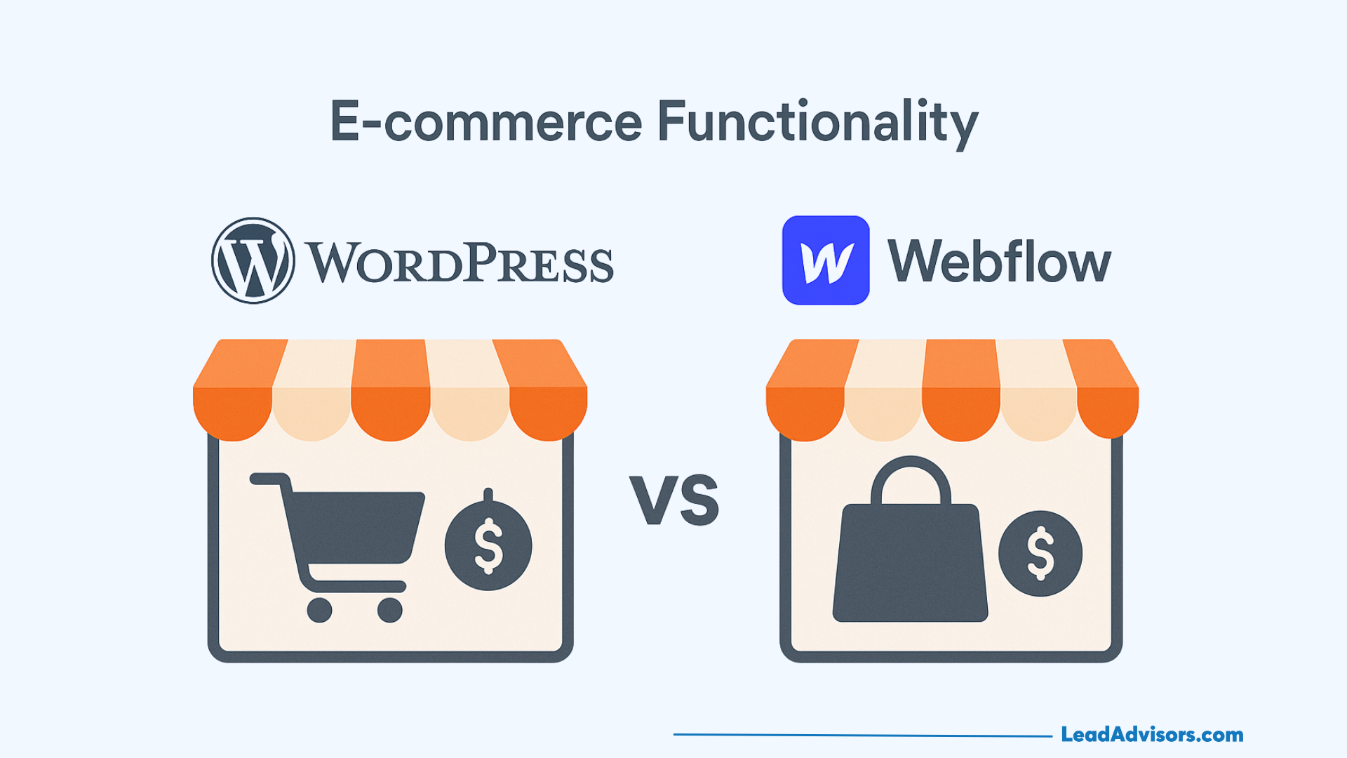 Comparison graphic showing WordPress and Webflow e-commerce functionality, with WordPress represented by a shopping cart icon and Webflow by a shopping bag icon, both with dollar signs. Text reads “E-commerce Functionality vs.”.